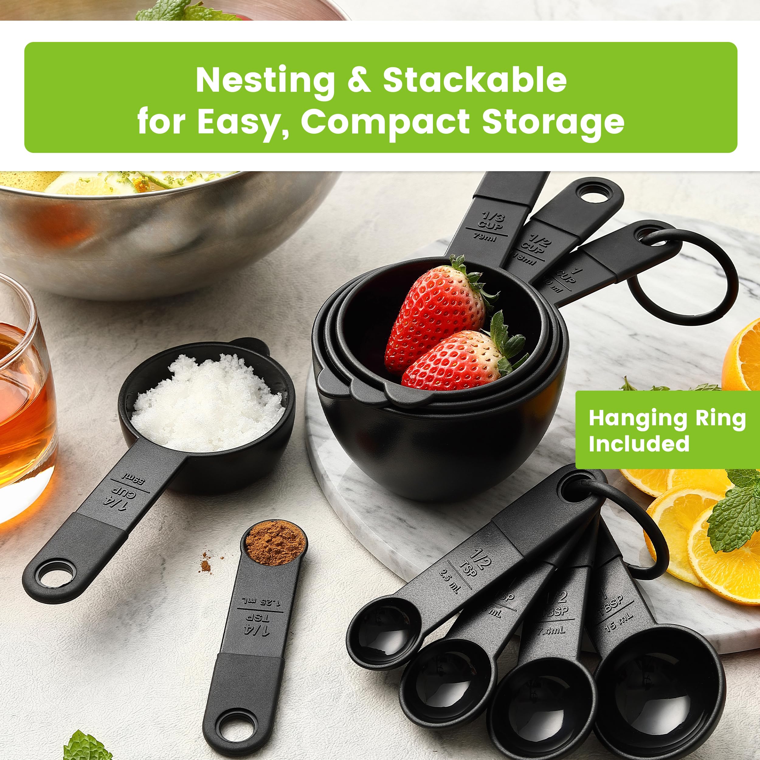 Juego de 9 tazas y cucharas medidoras magnéticas, herramienta de cocina anidable con marcas fáciles de leer para medir ingredientes secos o líquidos, sin BPA, color negro 5