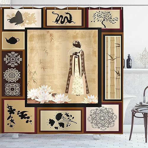 Miniatura 16 de Ambesonne Decor Collection cortina para regadera de baño de poliéster Gris y amarillo,Negro Blanco,Mostaza Camel,Gris carbón amarillo,Crema,Crema