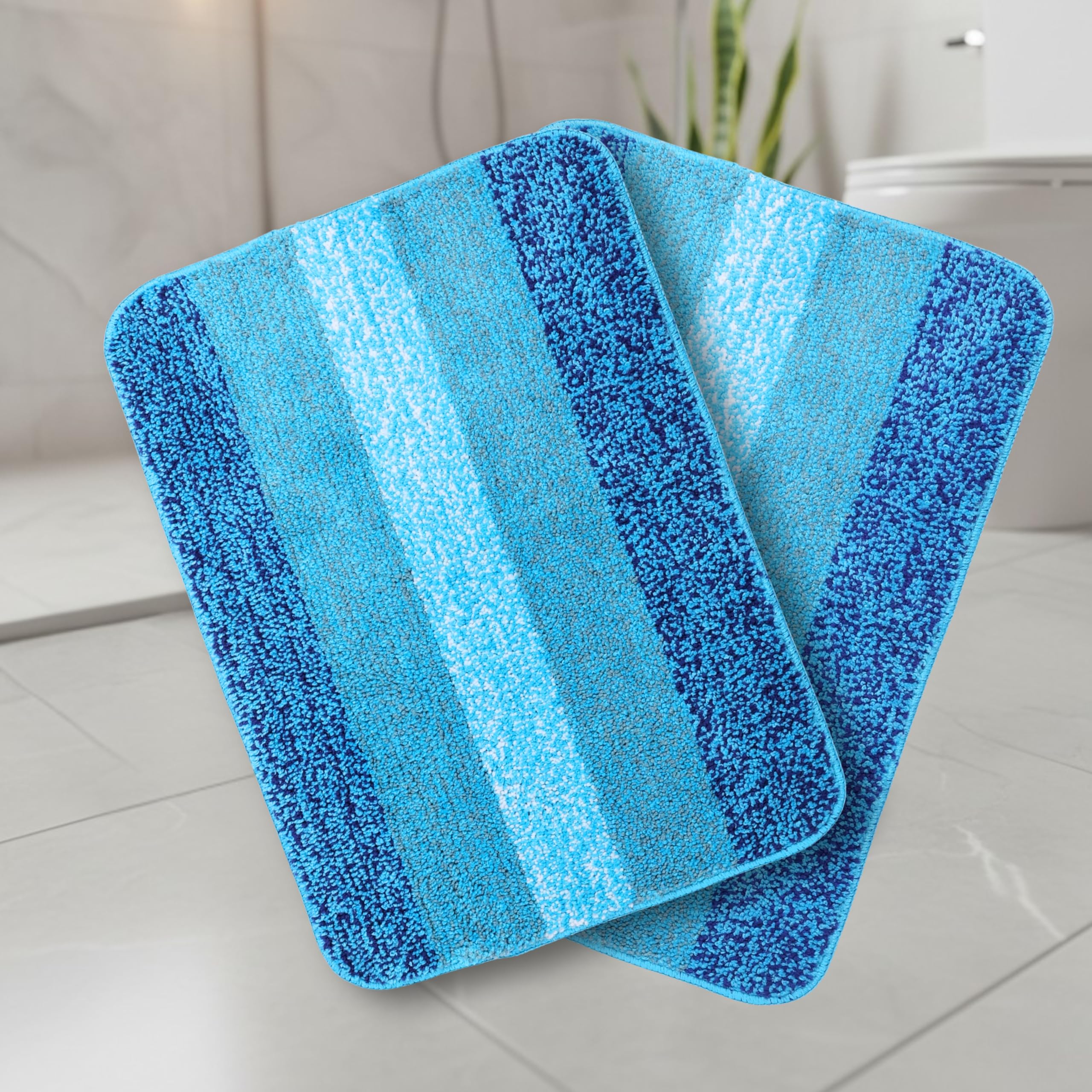 SARAL HOME EASY LIVING Microfiber Striped Rectangle Shaped Anti-Skid Bath Mats|Soft & Super Absorbent Mats for Shower|Washable, Non-Slip & Quick-Drying Mats, 50X70 CM|Pack of 2 (Turquoise)