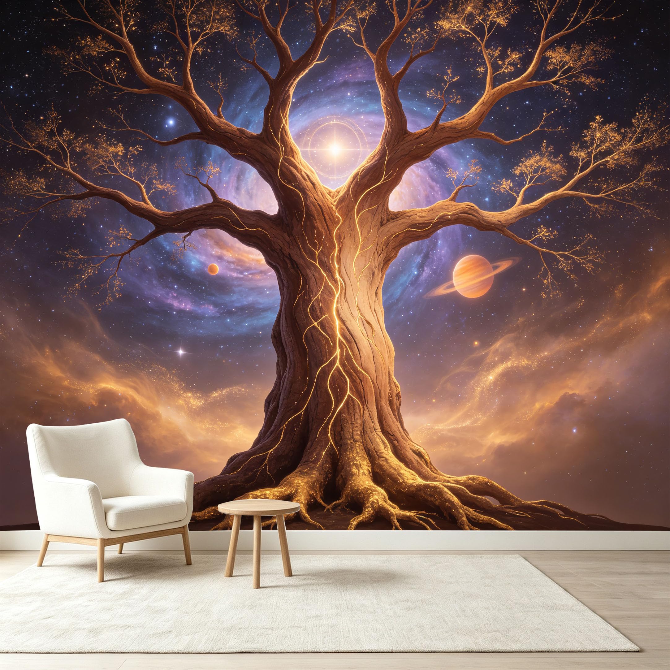 Custom Size Wall Murals Cosmic Ancient Tree Nebula Energy Starry Sky Self-Adhesive Wall Fabric Removable Wallpaper Wall Decor for Living Room Bedroom Bathroom