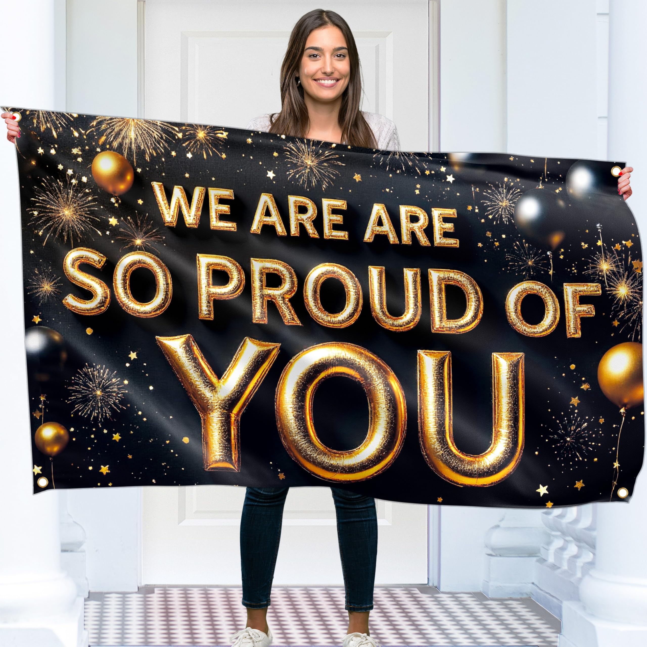 Congratulations Banner - Graduation Banner 5ft x 3ft - We are so Proud of You Decorations - Well Done - You Did It (Black & Gold)