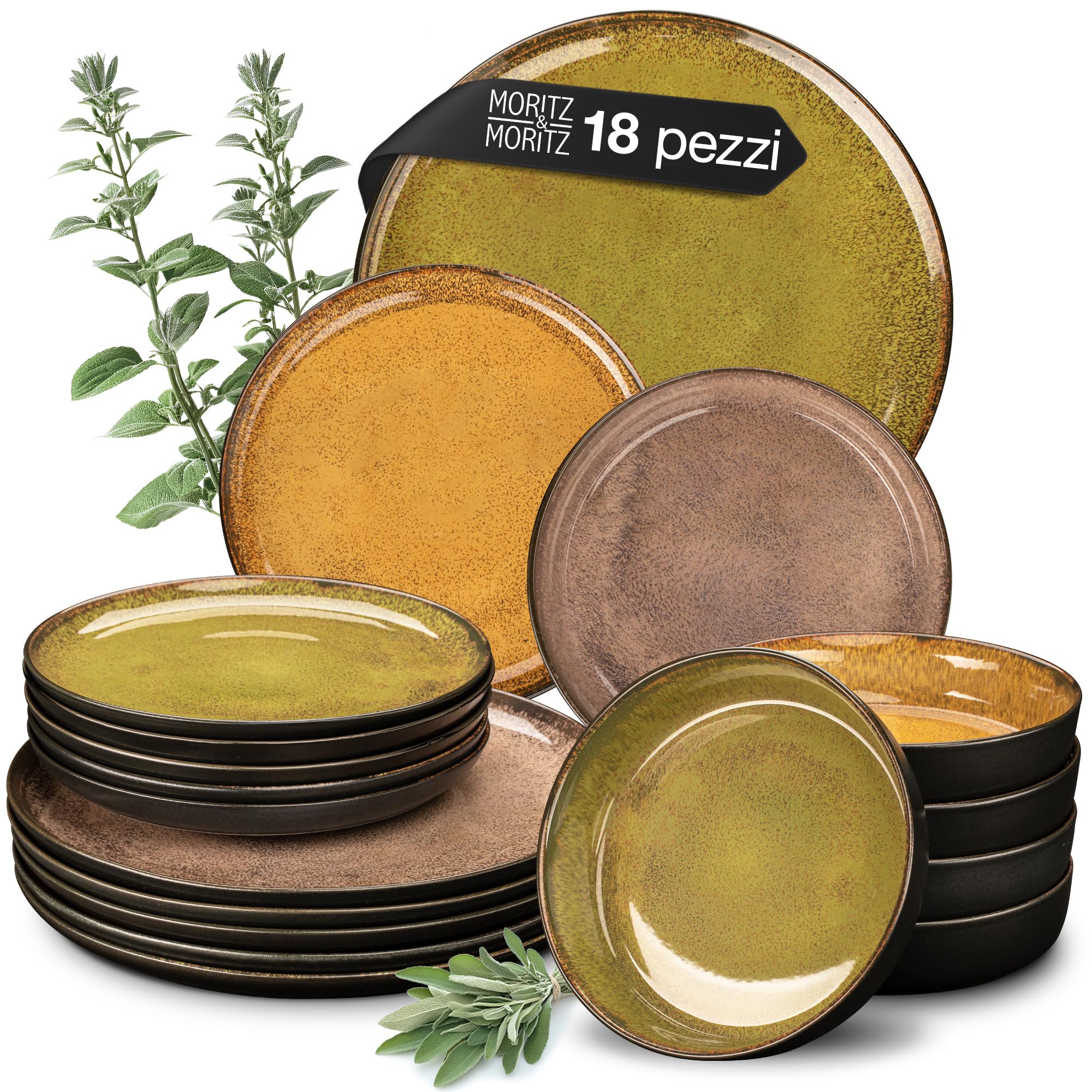 Moritz & Moritz VIDA Servizio Piatti 18 Pezzi - Set 6 Persone Colori Vintage Giallo, Verde e Rosso - 6 Piani, 6 Fondi, 6 da Dolce