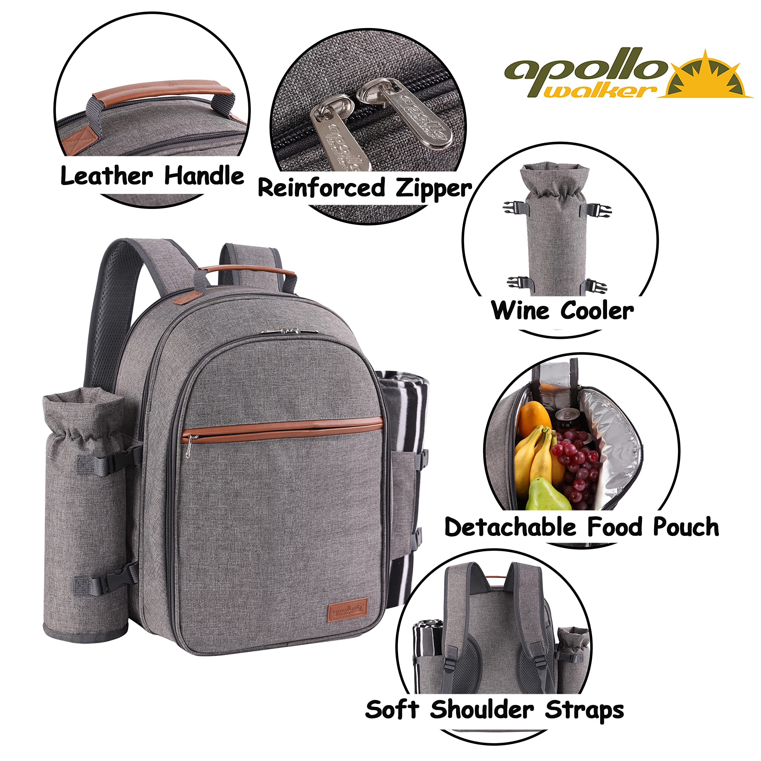 Apollo Walker Set zaino da picnic per 2 persone con scomparto refrigerante, portabottiglia/vino staccabile, coperta in pile, piatti e set di posate