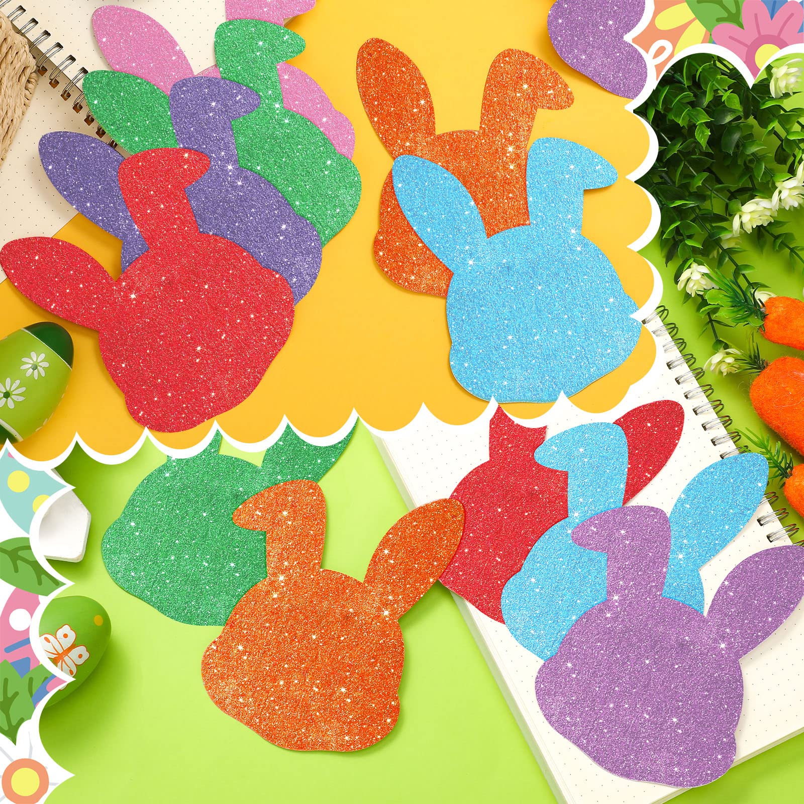 100 Bunte Oster-Hasen-Ausschnitte Mit Glitzer – Inkl. Klebepunkte, Für Party, Klassenzimmer & Deko
