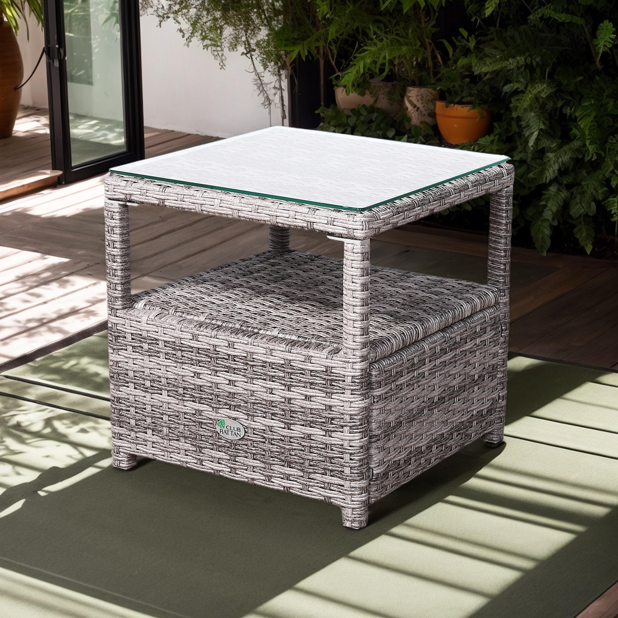 Club Rattan Outdoor Rattan Coffee Table, Side Table with Glass Top, Wicker Weave Side Table,All-Weather Wicker Bistro Outdoor Furniture for Patio, Balcony, Porc (Mix Grey, 40 * 40 * 44)