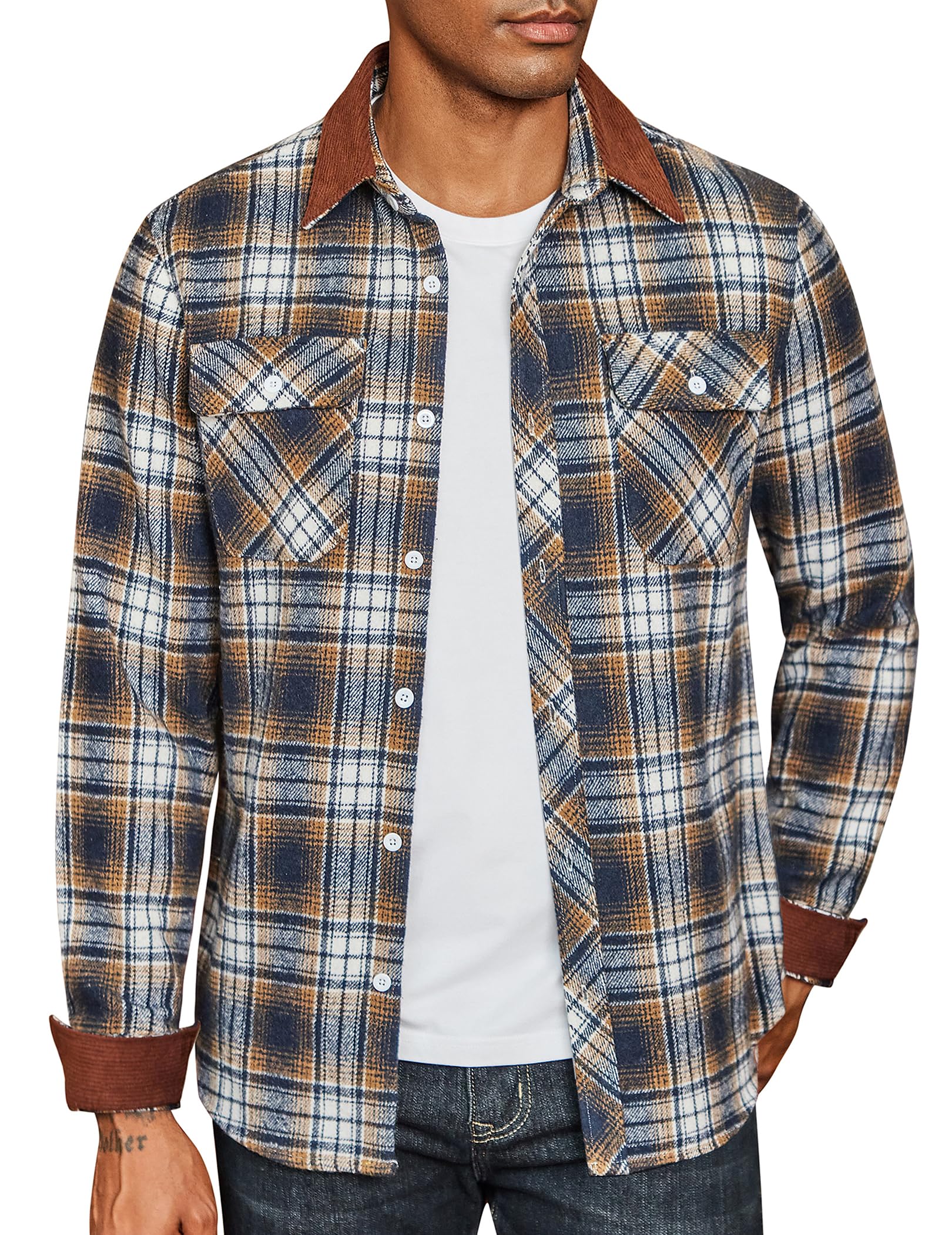 Mens Flannel Shirts Long Sleeve Fleece Plaid Jacket Casual Stylish Button Down Shirts with Pockets