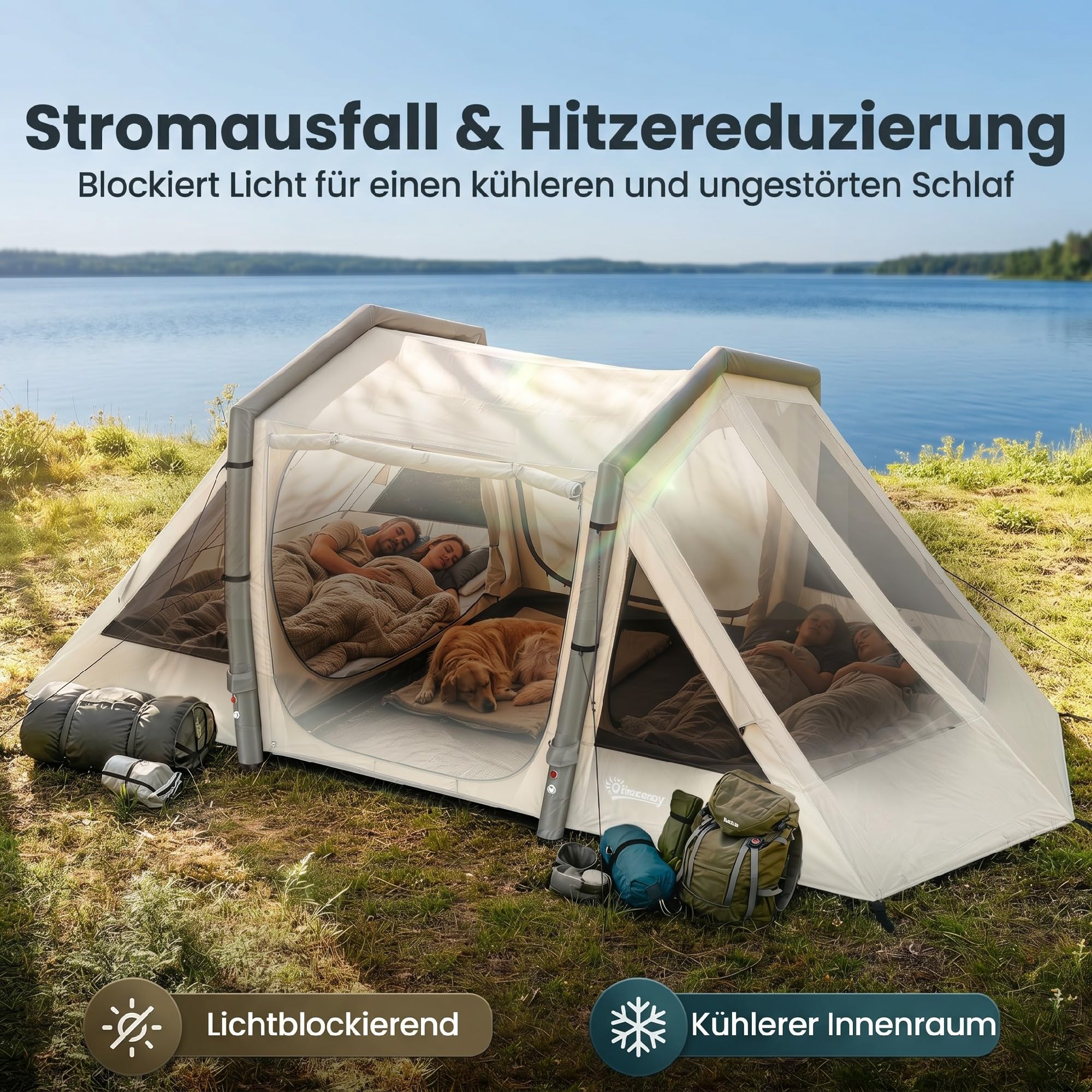 Outsunny Aufblasbares Zelt für 4 Personen mit schnellem Aufbau, verdunkelnd, Camping Zelt mit 2 Schlafzimmern, Vorraum, Fluoreszierende Fenster, Bodenplane und Heringen, wasserdicht Air Glamping Zelt