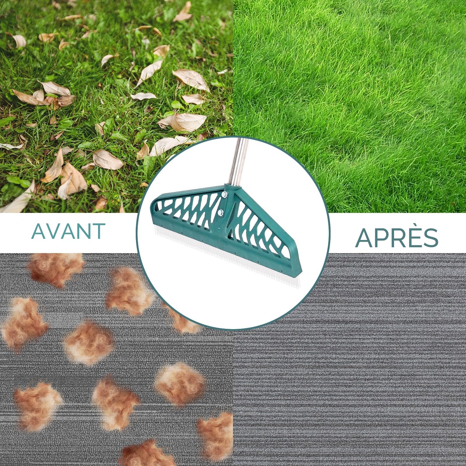 YEELOR Râteau à Gazon Artificiel avec poignée en Acier réglable de 81,3 à 155,3 cm, râteau à Gazon Artificiel Durable, Brosse à Gazon pour Nettoyer Les Poils d'animaux, Les Grandes Feuilles mortes et