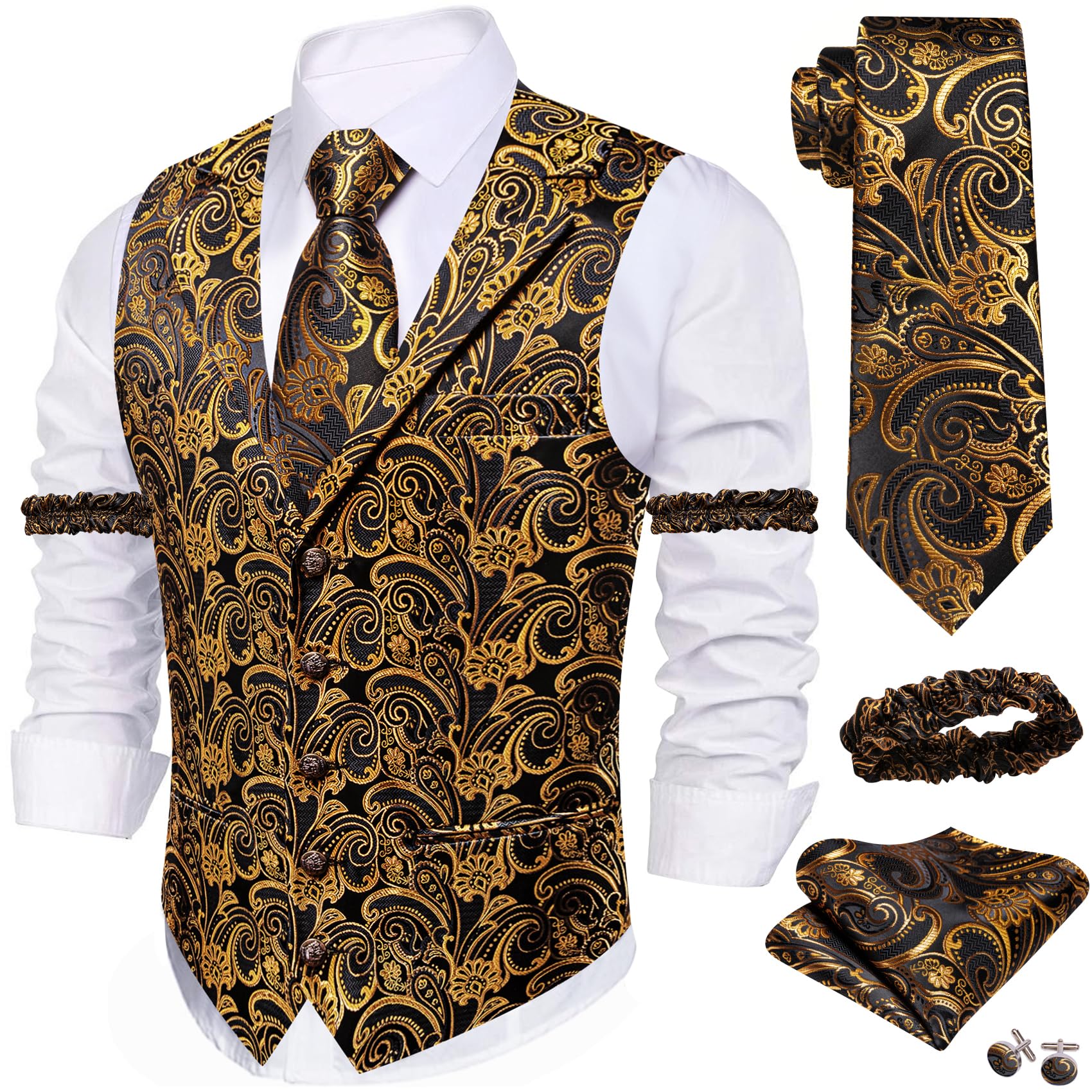 Barry.Wang Mens Silk Paisley/Floral Suit Vest Tie Sleeve Holder Set 5PCS
