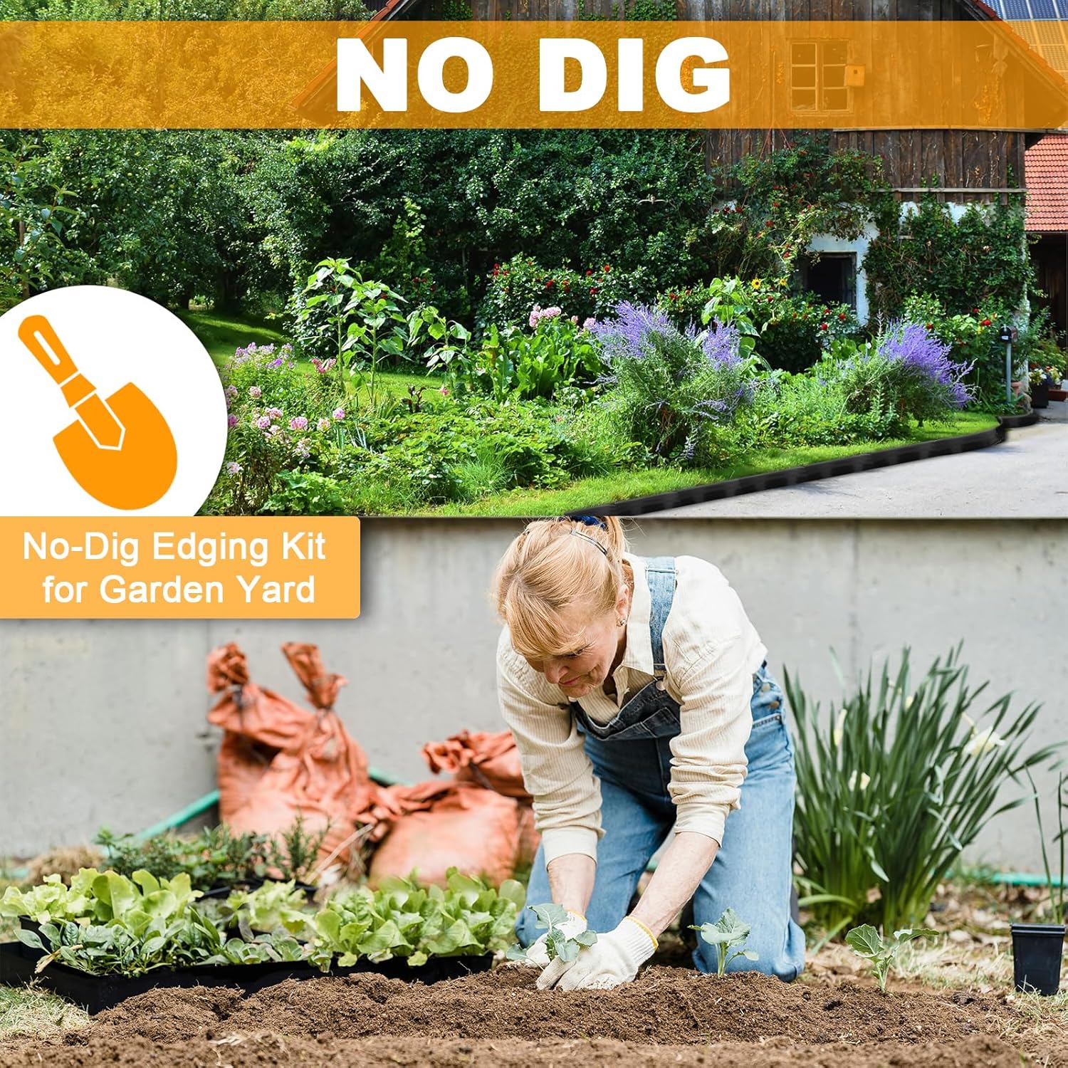 Landscape Edging 4Pack, 4in Tall-132FT Length Garden Edging with 120pcs Spikes, Plastic No Dig Edging for Landscaping, Garden Edging Border for Lawn, Flower Bed, Yard Pathway