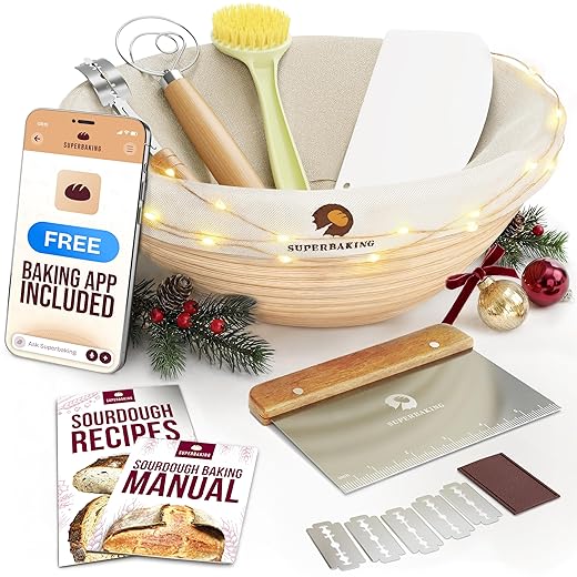 Superbaking Banneton Bread Proofing Basket Set, Round 9" Sourdough Proofing Basket for Bread Making Tools Supplies, Banneton Basket Sourdough Bread Baking Supplies, Artisan Bread Kit, Gifts for Bakers