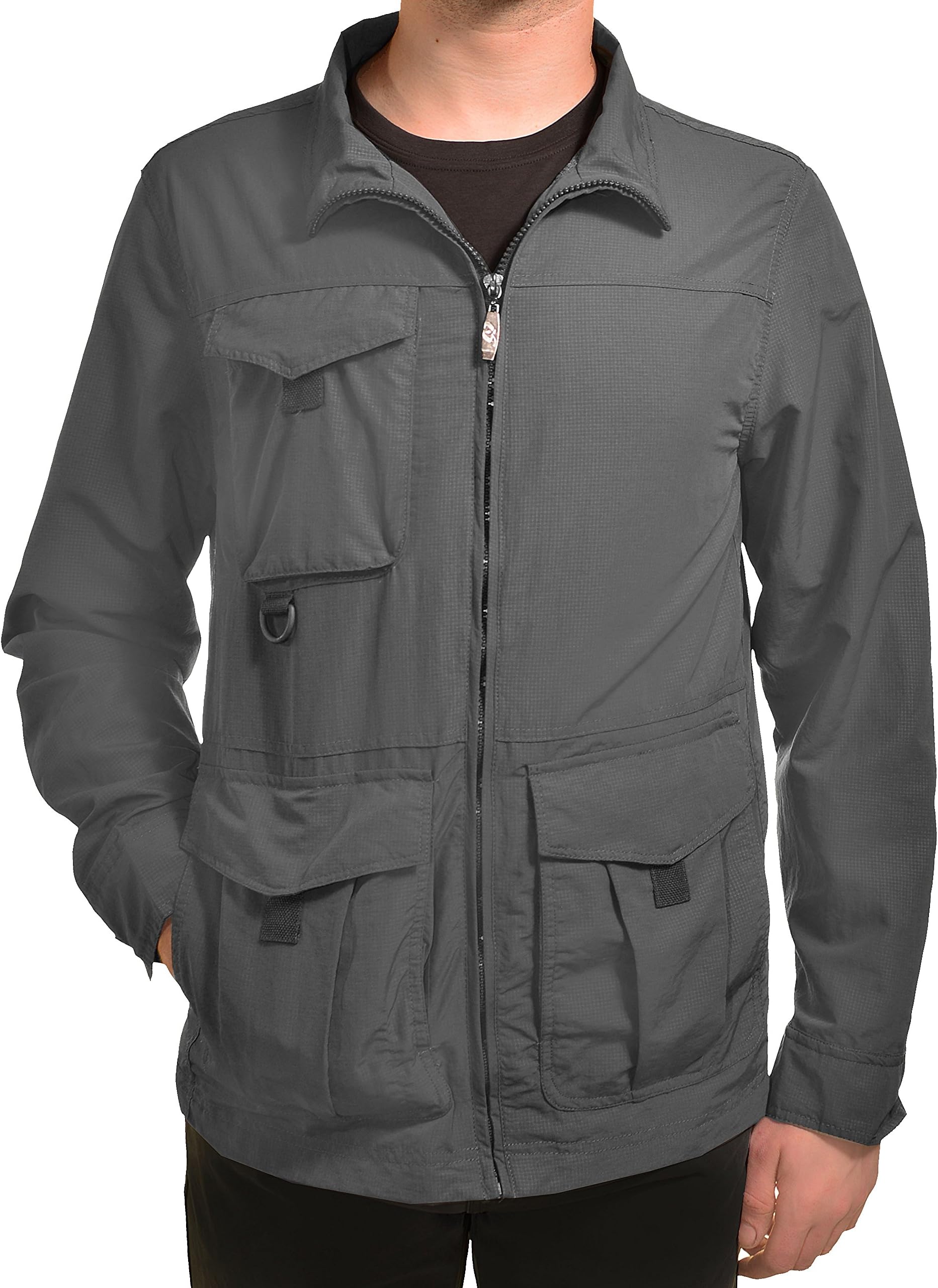 Men's Rip Stop Lightweight Cargo Pocket Windbreaker Jacket (Grey, XL)