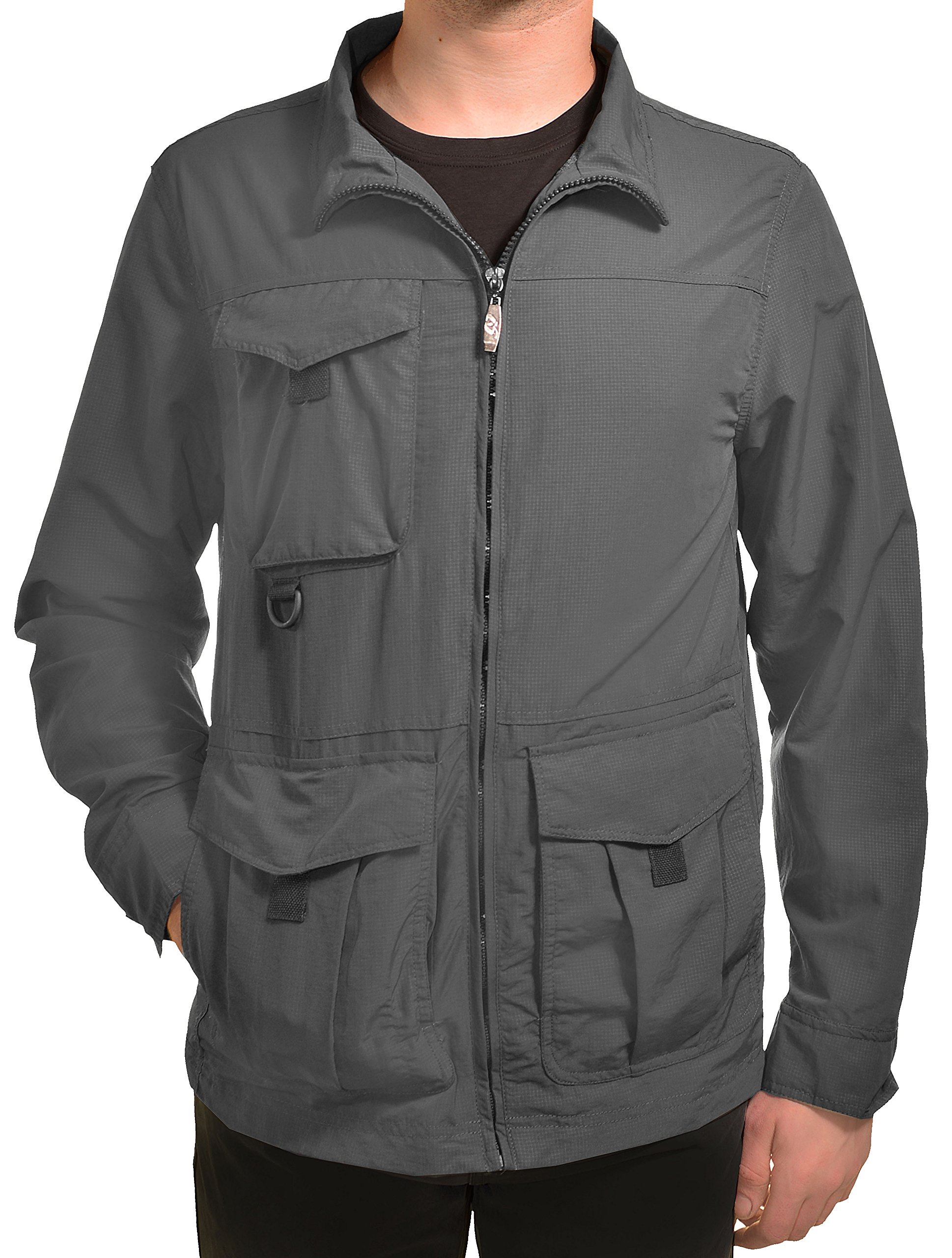 Men's Rip Stop Lightweight Cargo Pocket Windbreaker Jacket (Grey, XL)