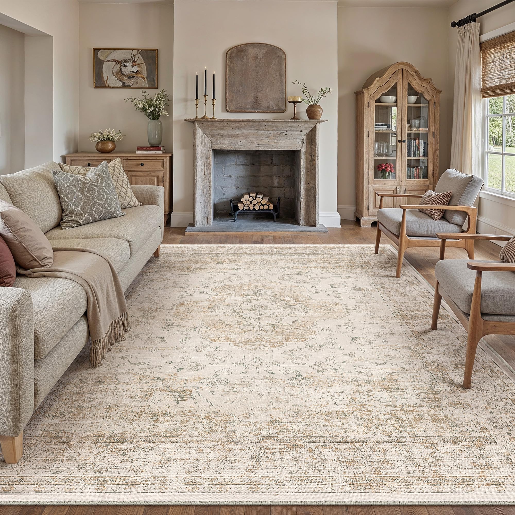 PureCozy Vintage Living Room Area Rug, 200x300cm Machine Washable Distressed Non Slip Traditional Large Cream Rugs for Bedroom Dining Room Office, Stain Resistant Printed Beige Carpet for Indoor Home — image 1