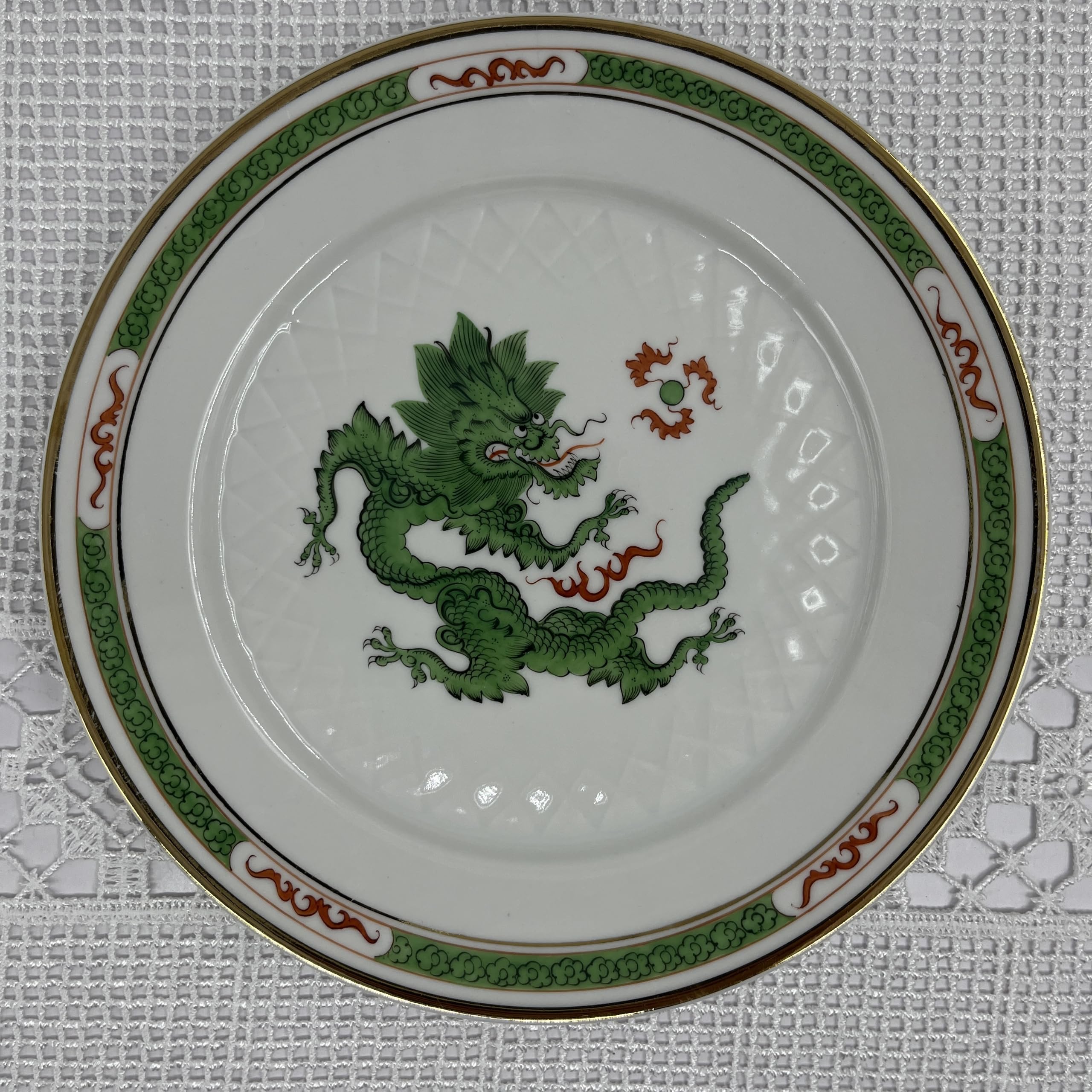 PGH Piatto Porcellana Drago Verde Ming Dipinto a Mano Bordo Oro Fine Dm. 19,5cm