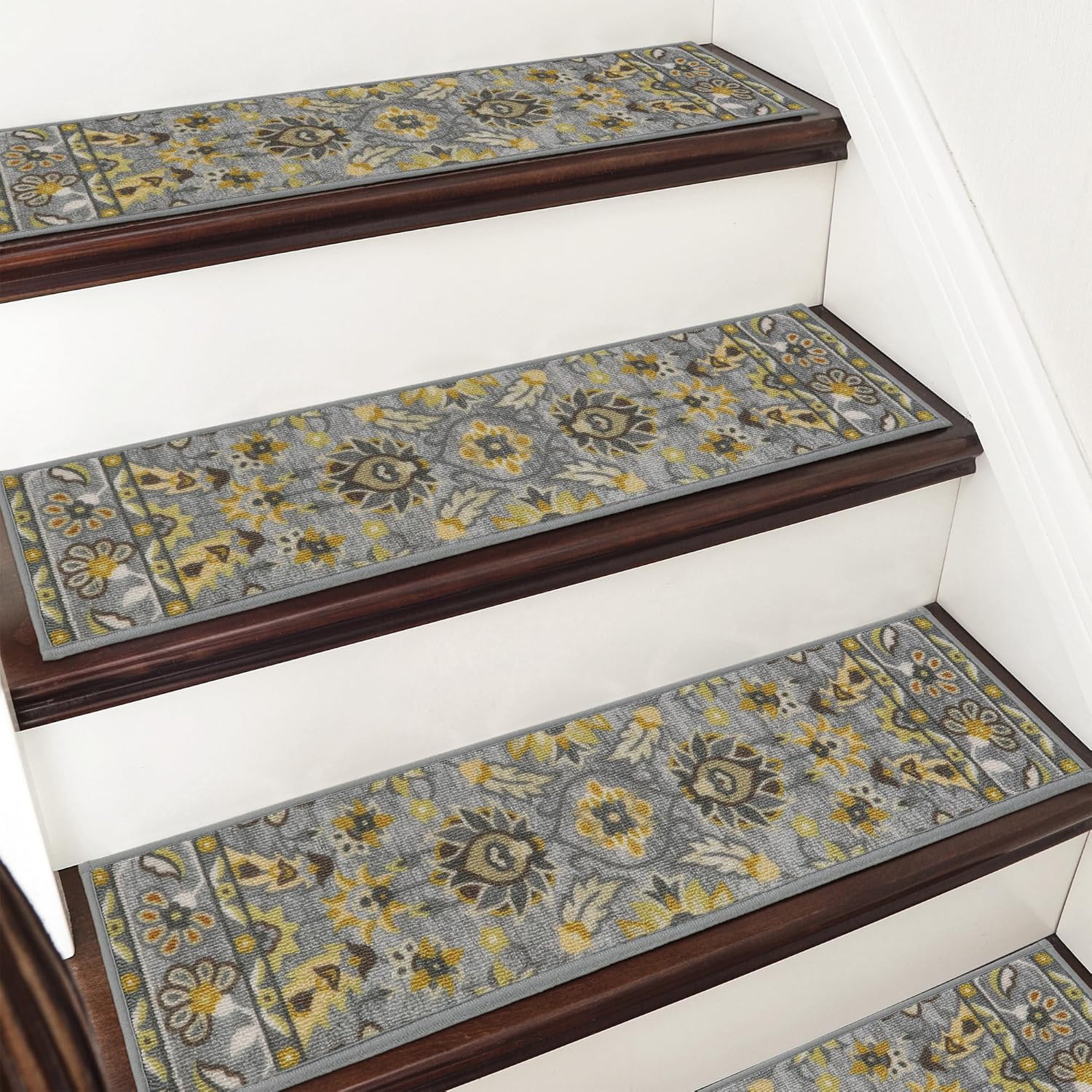 COSY HOMEER-Stair-Treads-for-Wooden-Steps Washable Indoor Stair Treads Non Slip 8" X 30" Soft Stair Carpet Treads Reusable Peel and Stick Stair Runner Rug for Kids, Elders and Pets 15pcs 8"x30"-15PCS Grey/Yellow