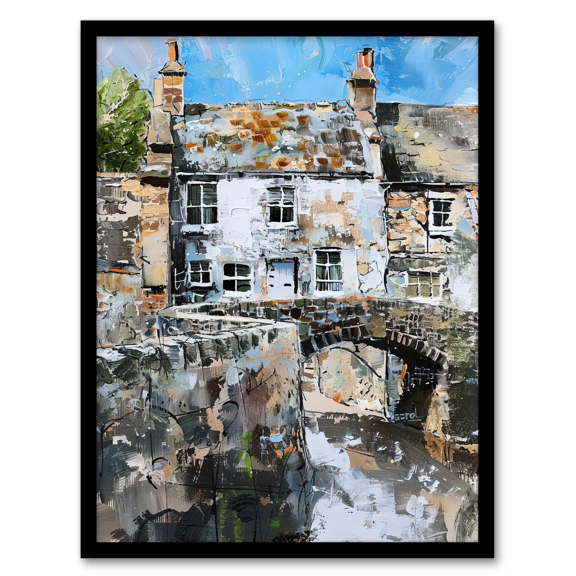 Artery8 North Yorkshire Village Medieval Bridge Painting Living Room Artwork Framed Wall Art Print A4