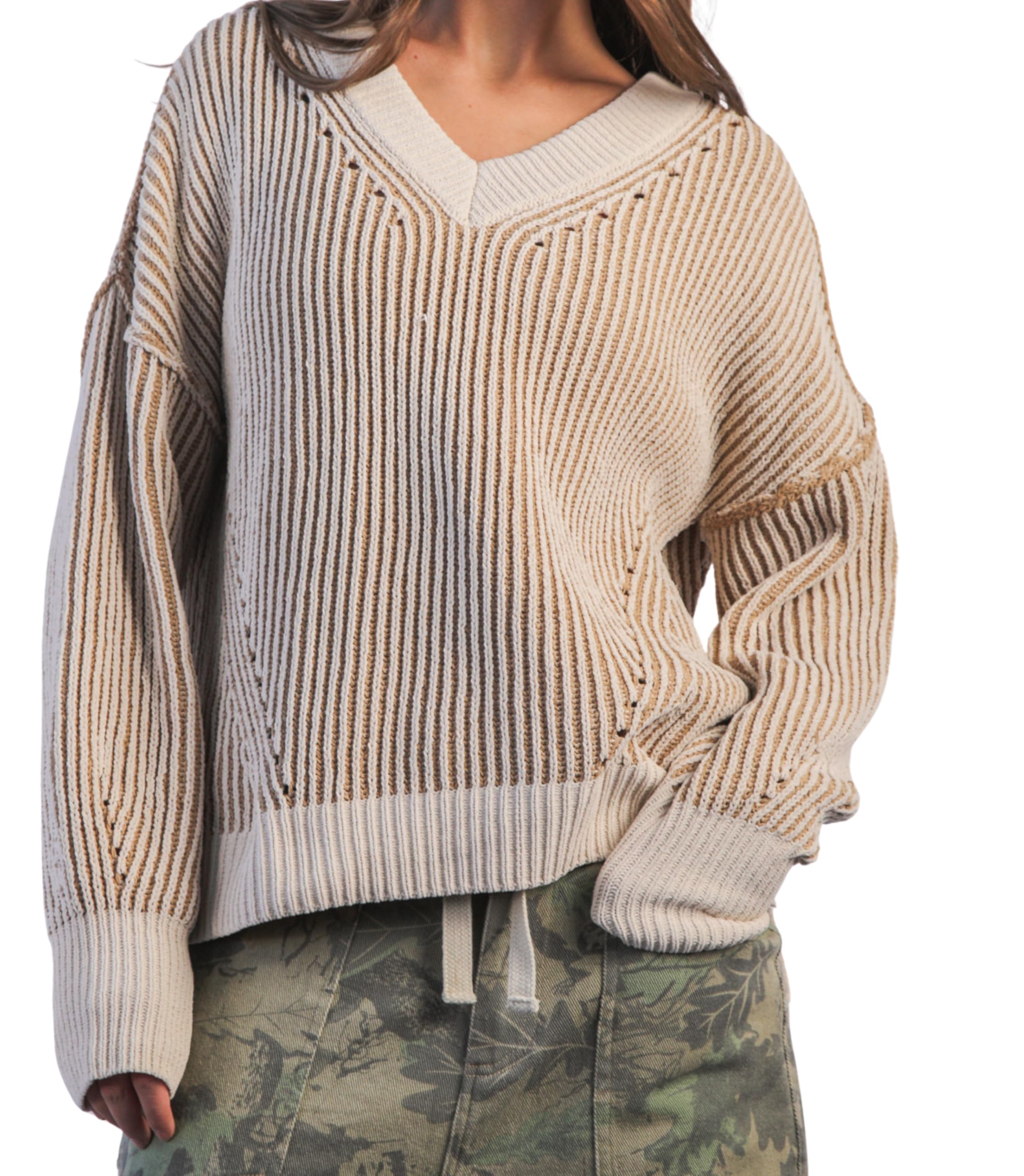 Womens Oversized Two Tone Knit V Neck Sweater Long Sleeve Ribbed Casual Holiday Top