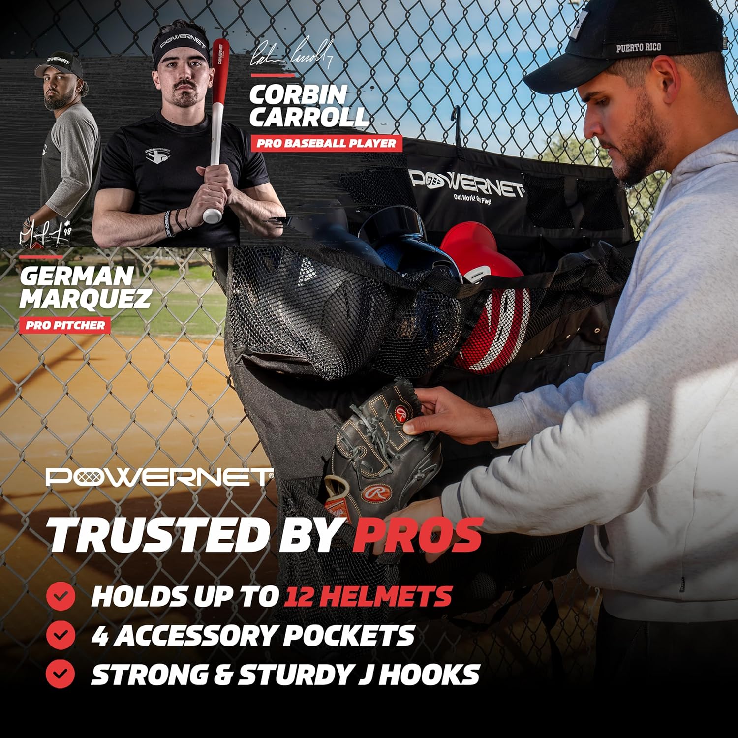 PowerNet Softball & Baseball Helmet Hanging Bag, 12 Pocket Baseball Glove & Helmet Storage Holder & Dugout Organizer, Portable Baseball Gear Training Equipment Holder, Team Colors