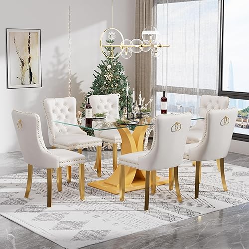 Miniatura 16 de Juego de mesa de comedor moderno de vidrio para 4, mesa de 160 cm de vidrio templado con base dorada estética y 4 sillas de comedor lujosas azules y