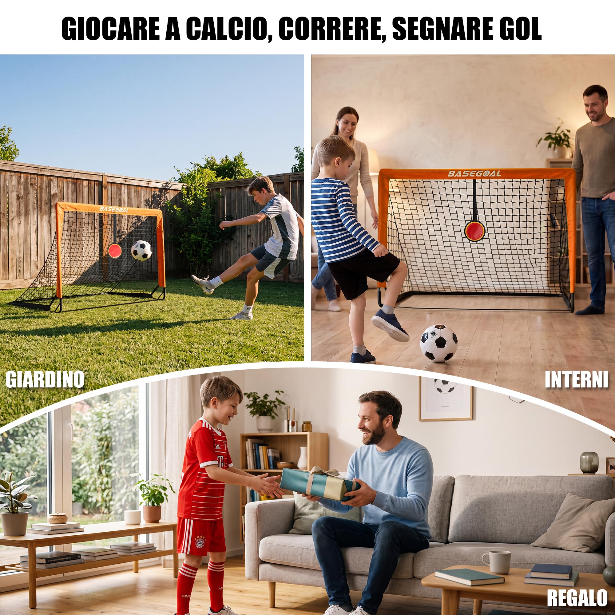 BaseGoal Set di 2 Porte da Calcio per Giardino 120x90cm con Calcio n. 5 | Porta da Calcio Adolescenti con Aste In Fibra di Vetro, Reti di Alta Qualità, Bersaglio, Coni da Calcio e Cono a Forma di U