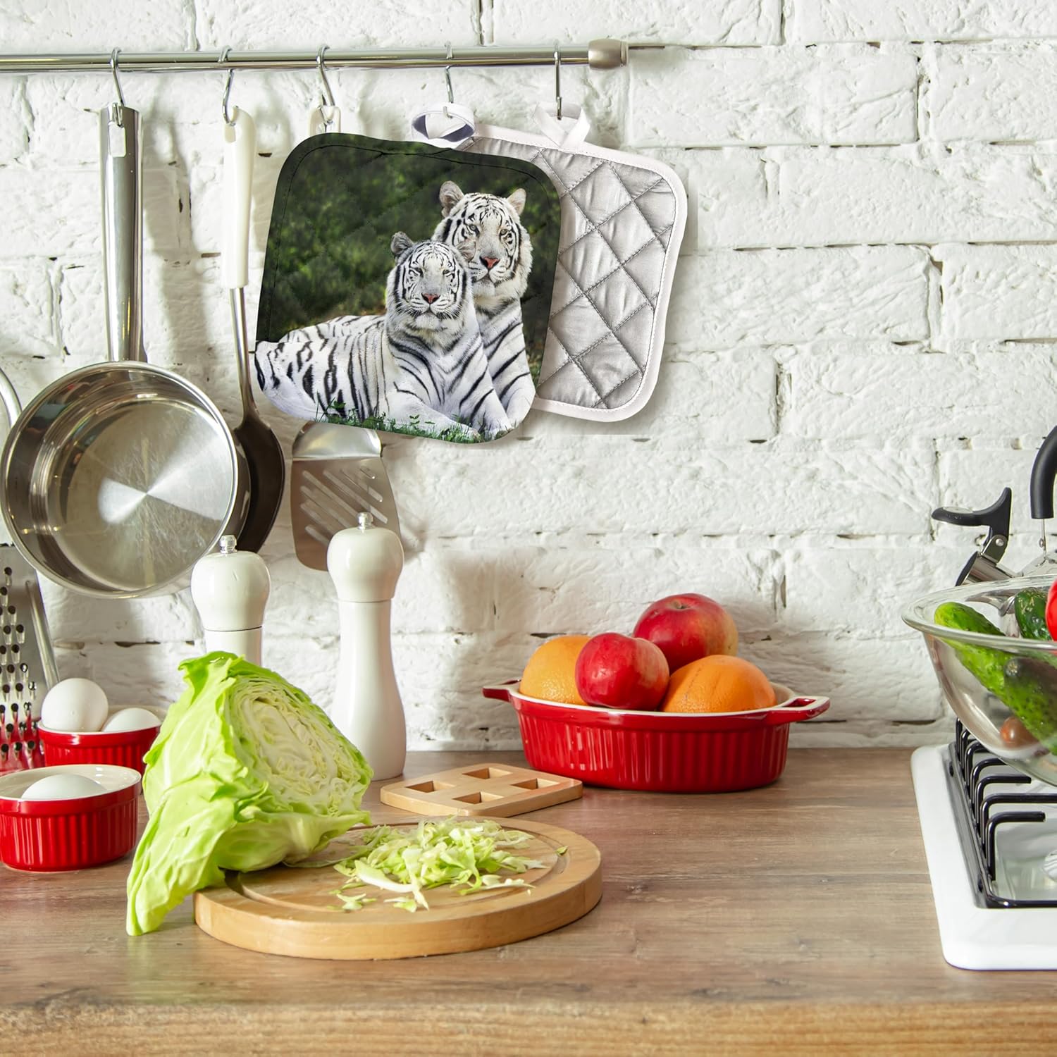 3D Rose White Tigers Pot Holder, 8" x 8"