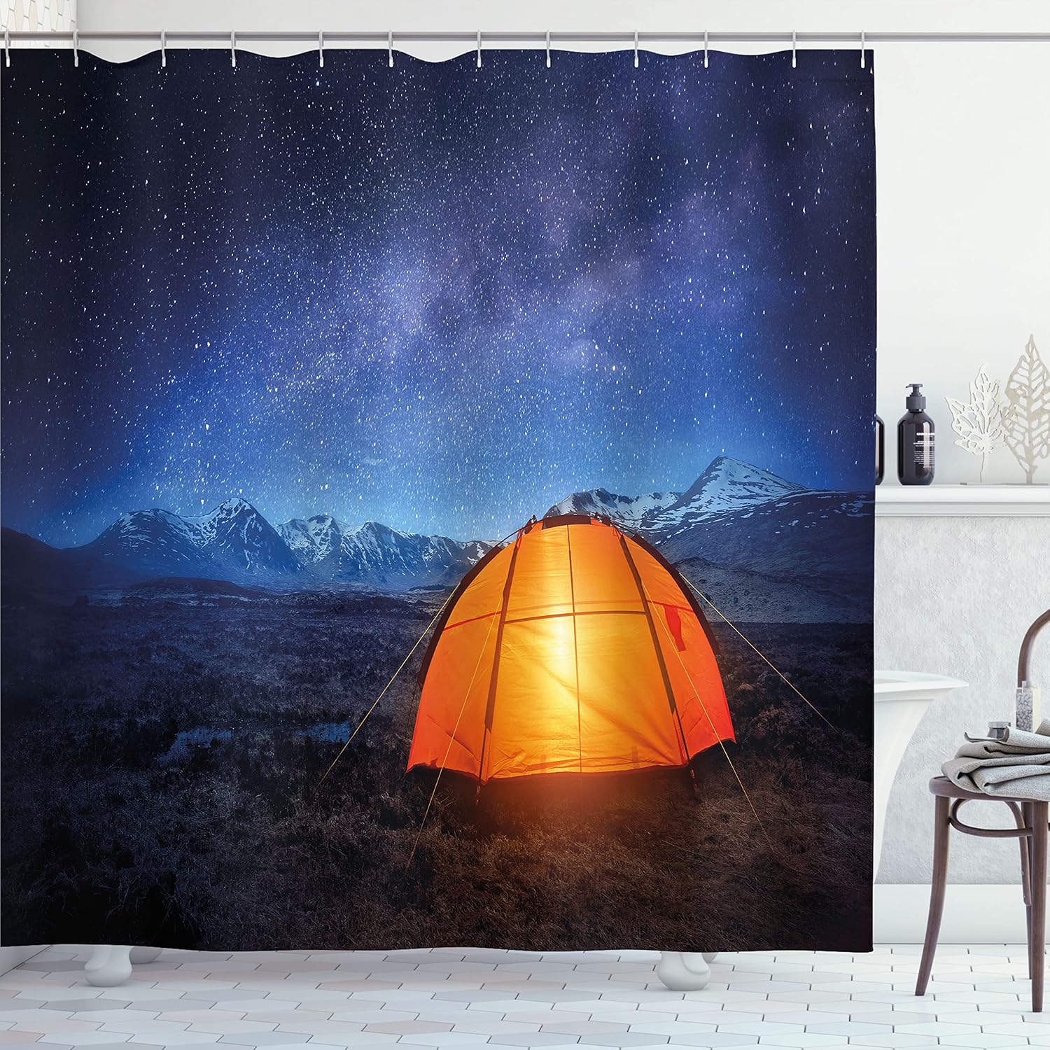 Ambesonne Camper Shower Curtain, Tent Under Night Sky Full of Stars Exploring Universe Life Picture Print, Cloth Fabric Bathroom Decor Set with Hooks, 69" W x 70" L, Blue Orange