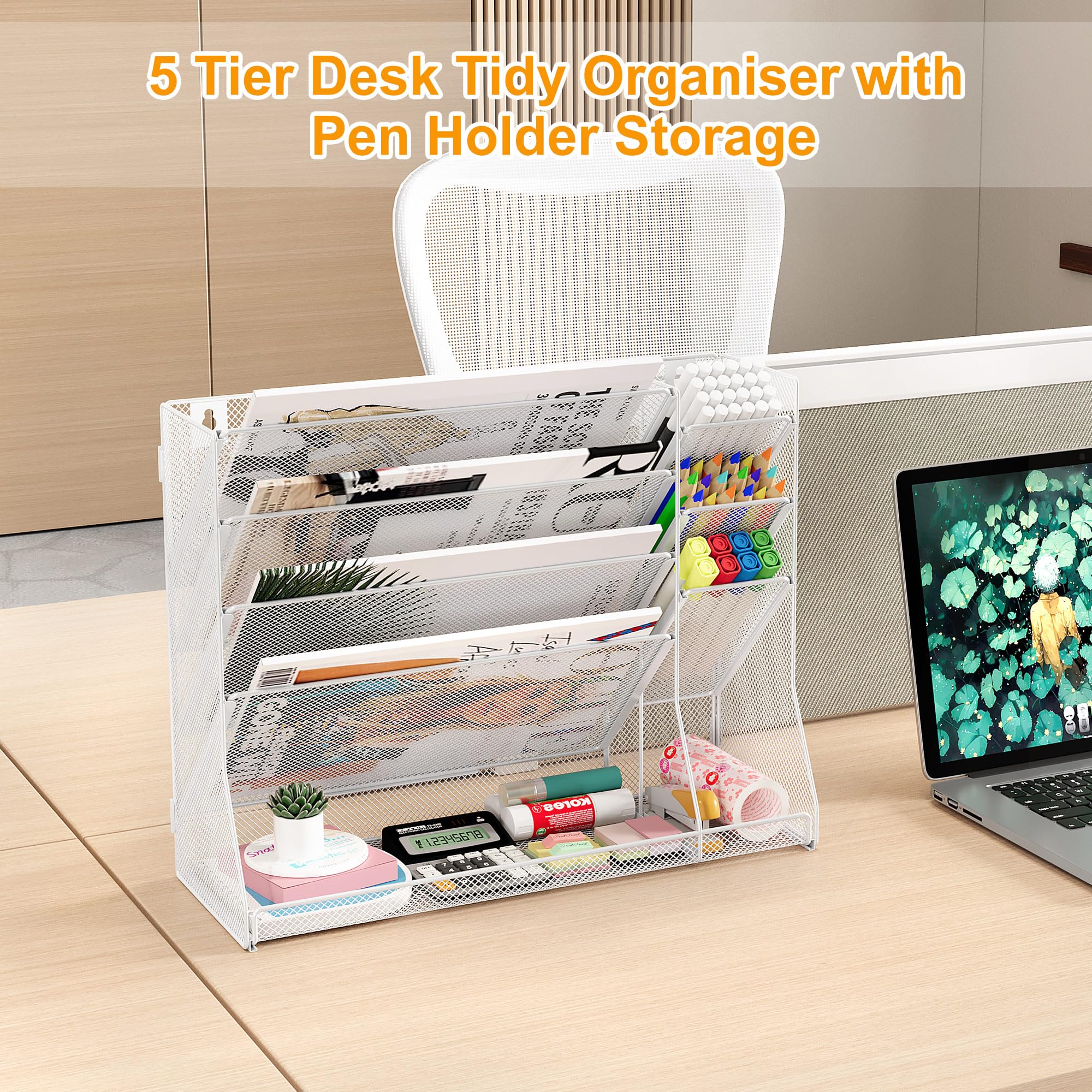 Porte Revue Mural Métal 5 Compartiments avec 3 Porte Stylo Rangement Document A4 Organisateur de Bureau Blanc