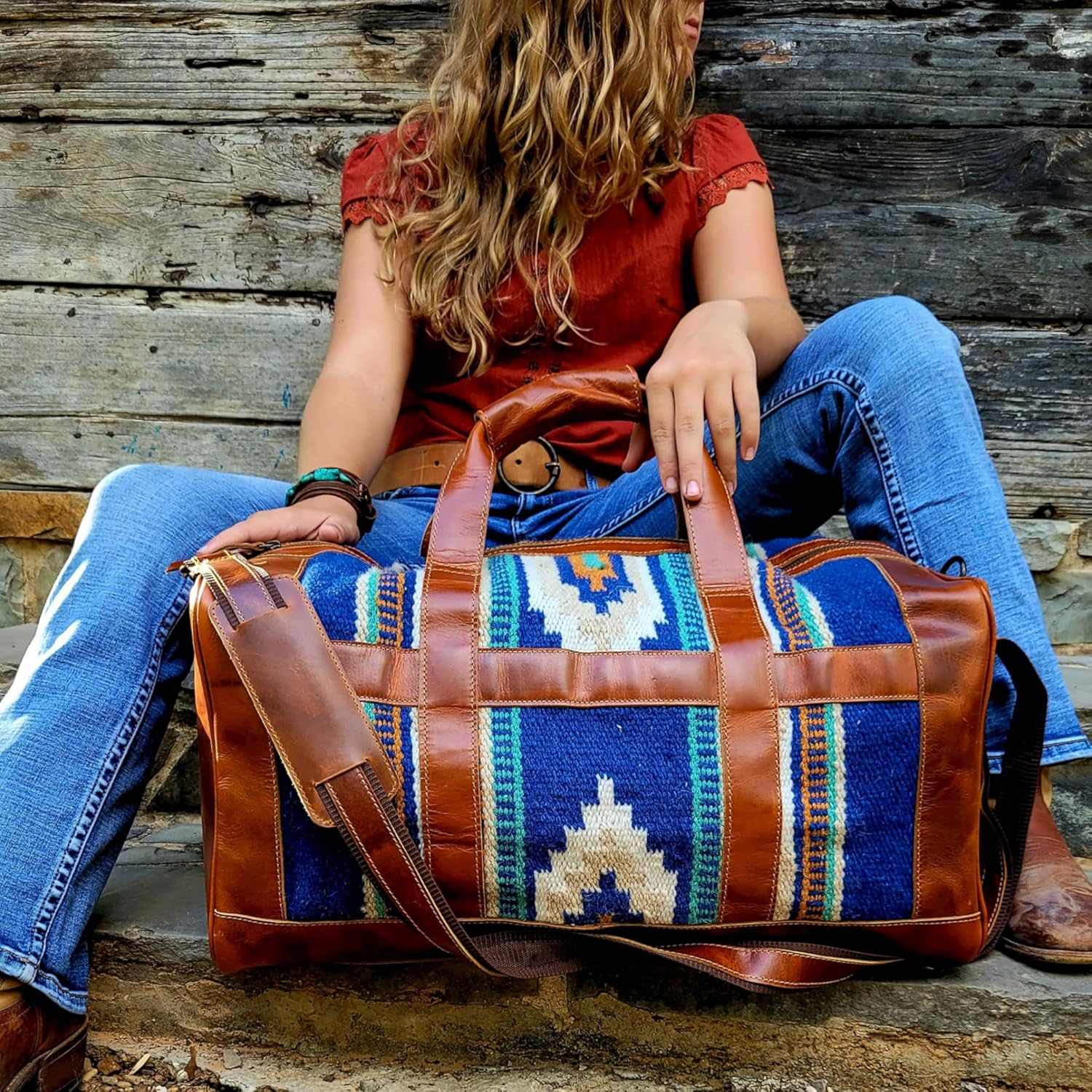 The Southwestern Antique Saddle Brown Leather Aztec Weekender Western Duffel Bag