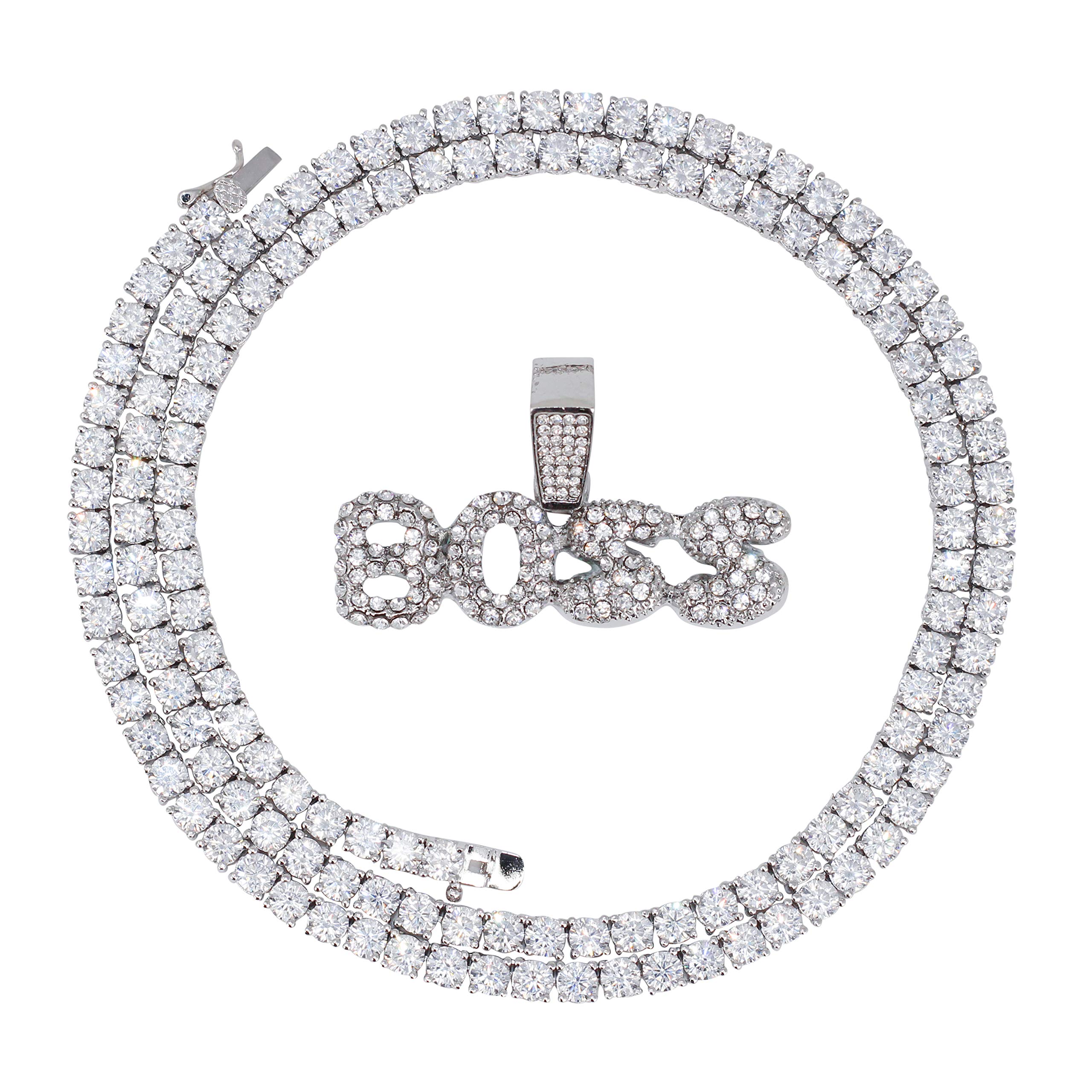 Techno PaveIced Out Boss Pendant with Cubic Zirconia Crystals + Set of Two Chains - Includes 20" + 24" Rope Chains with Pendant