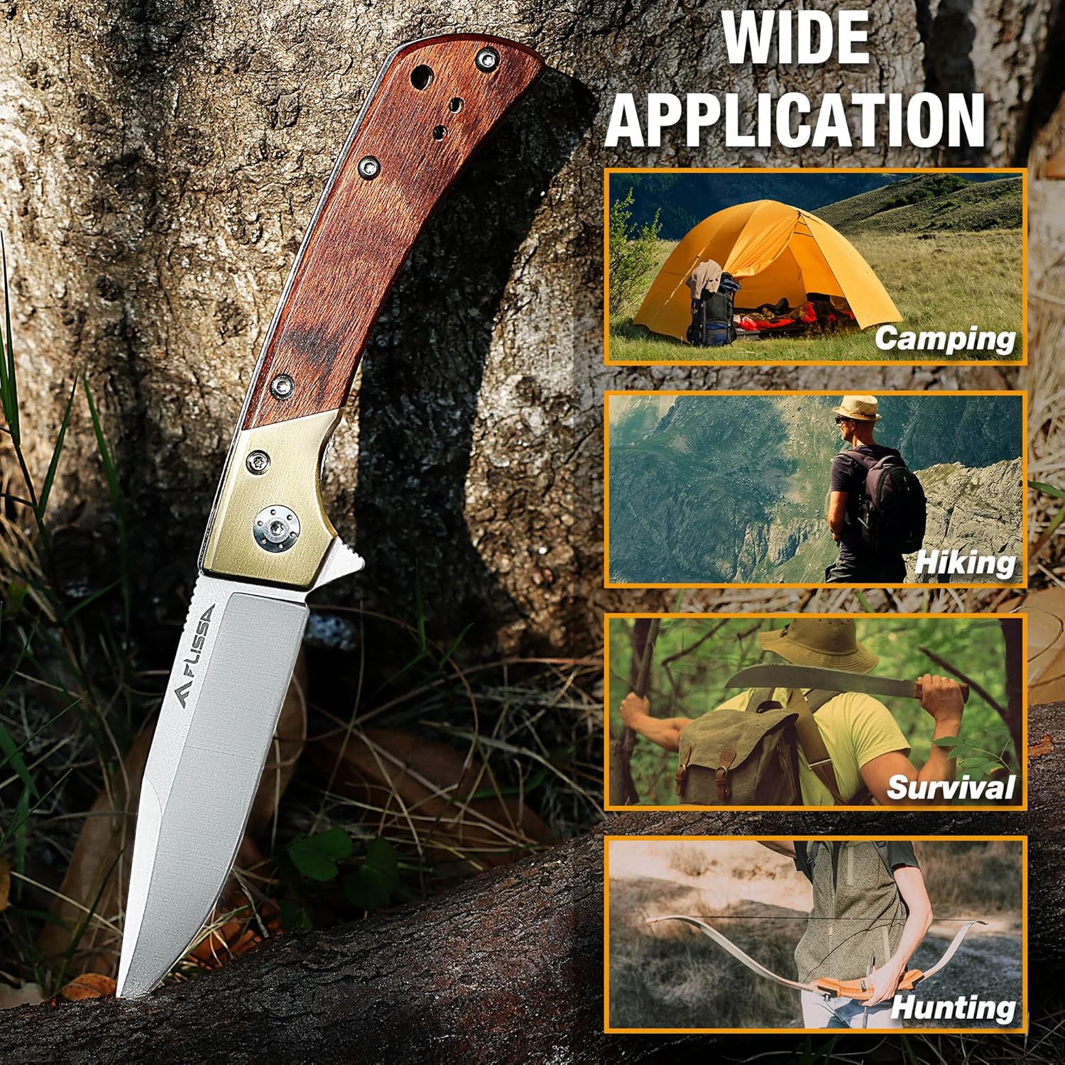 FLISSA Pocket Knife, Folding Knife with D2 Steel Blade, Ball Bearing, Elegant Copper & Wood Handle, Liner Lock, Pocket Clip, Cleaning Cloth, Perfect for EDC, Daily Use, Outdoor
