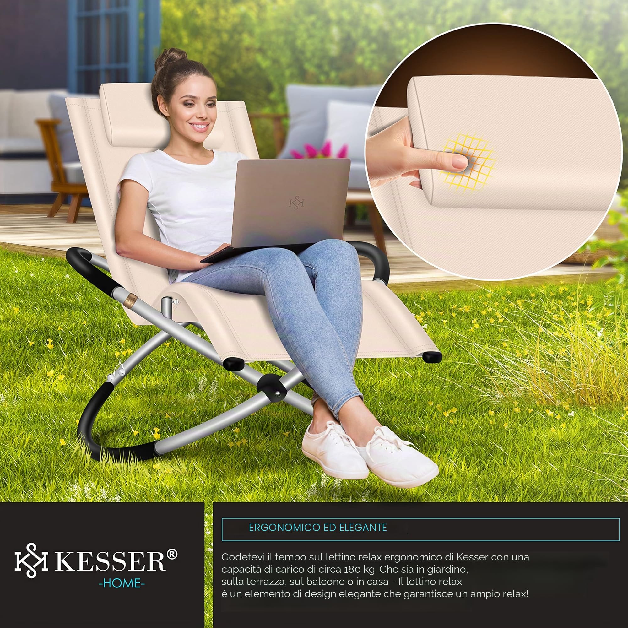 KESSER® Lettino relax Sdraio | Lettino da giardino | Sedia da giardino | Sedia pieghevole | Lettino a dondolo | Sedia a dondolo | seduta reclinabile ergonomica, Beige