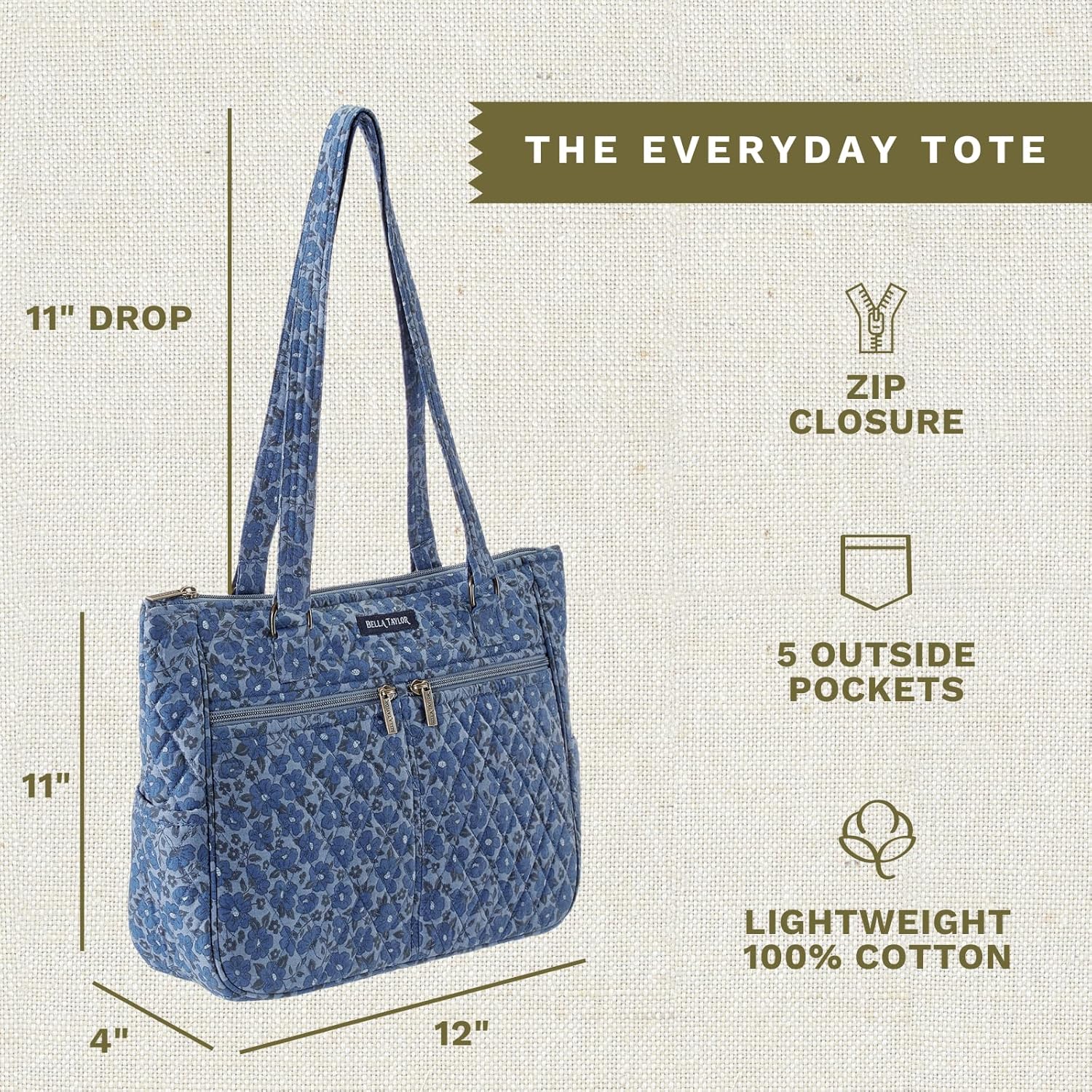 Bella Taylor Everyday Tote | Lightweight Quilted Fabric Handbags for Women - Image 3