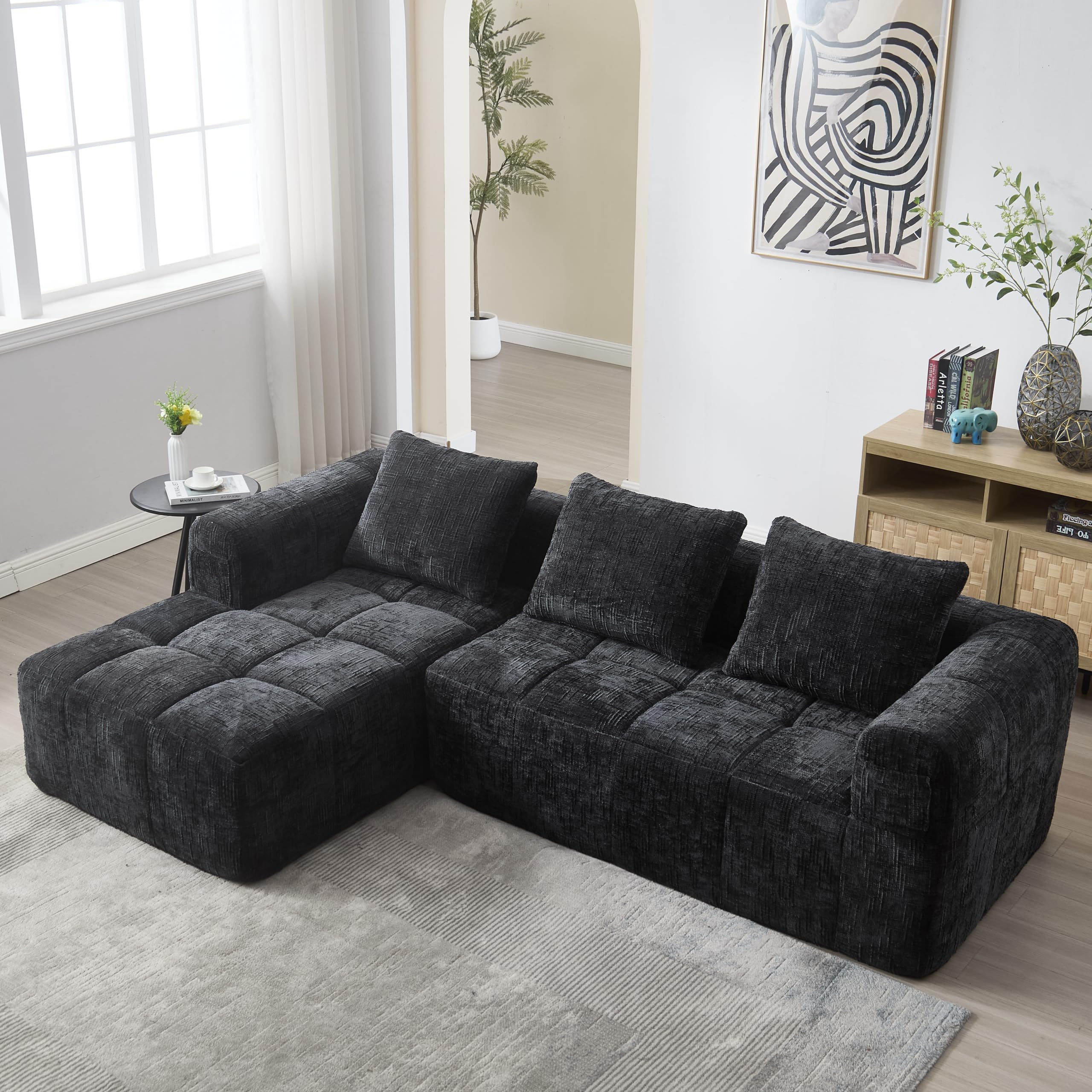 Soweiz Sofá L, sofá de 3 plazas, sofá seccional, no requiere instalación, sofás de chenilla con chaise longue y reposabrazos, 3 cojines, bolsillo lateral para mando a distancia, 250 x 158 x 60 cm