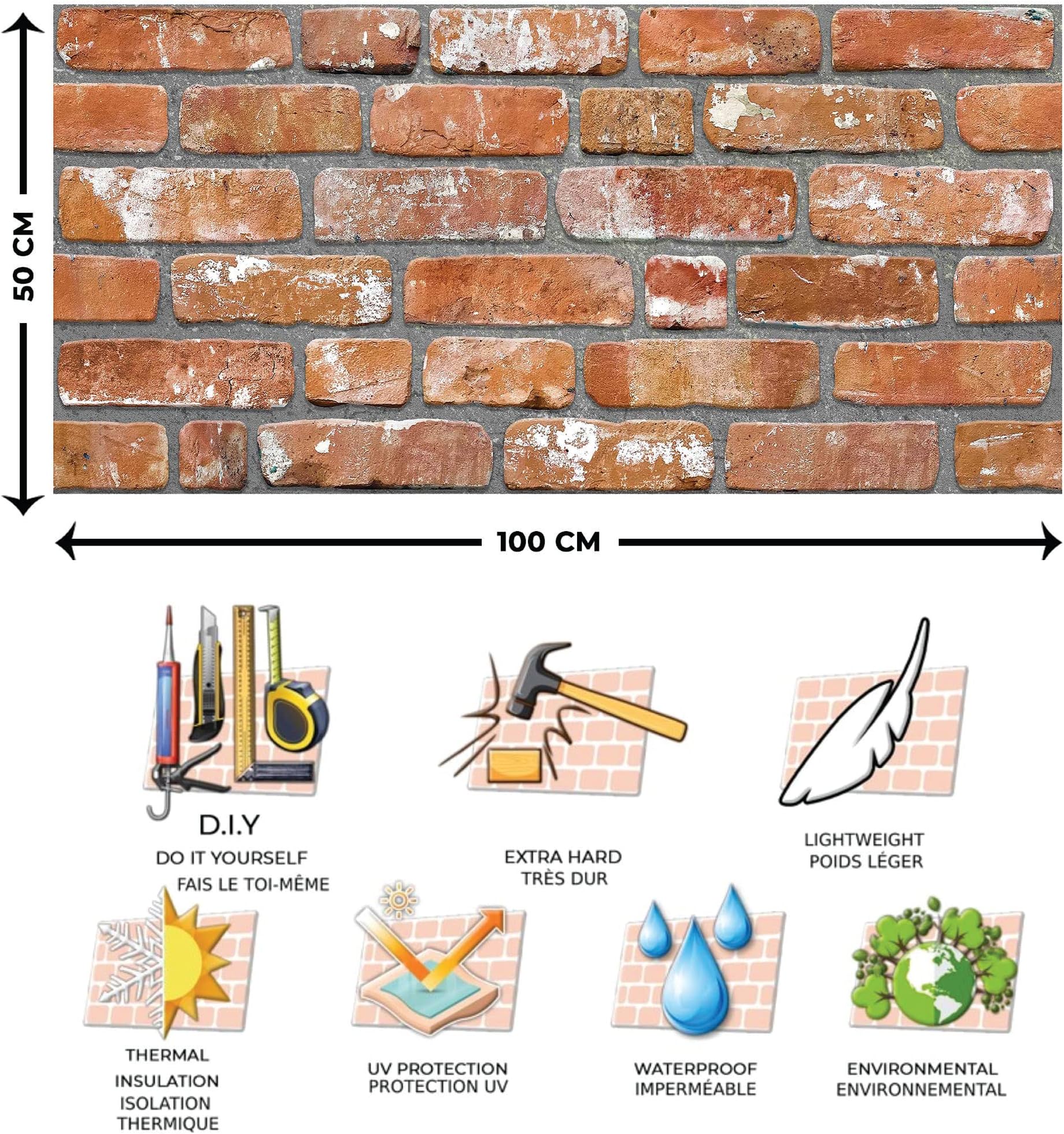 Dundee Deco 3D Wall Panels Faux Brick - Cladding, Red Orange Stone Look Wall Paneling, Styrofoam Facing for Living Room, Kitchen, Bathroom, Balcony, Bedroom, Set of 10, Covers 54 sq ft
