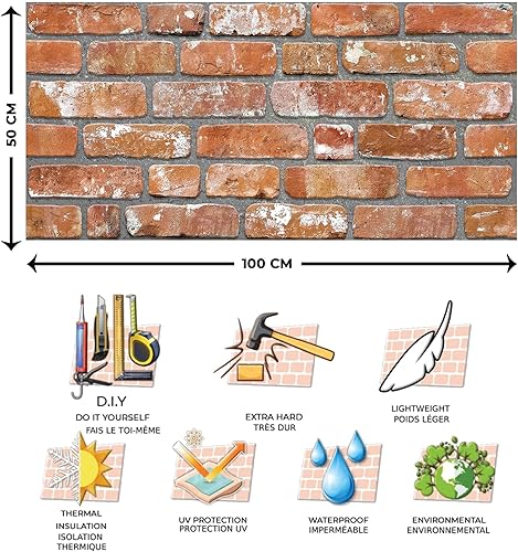 Miniatura 3 de Dundee Deco Paneles de pared 3D de ladrillo sintético, revestimiento, paneles de pared con aspecto de piedra roja y naranja, revestimiento de espuma