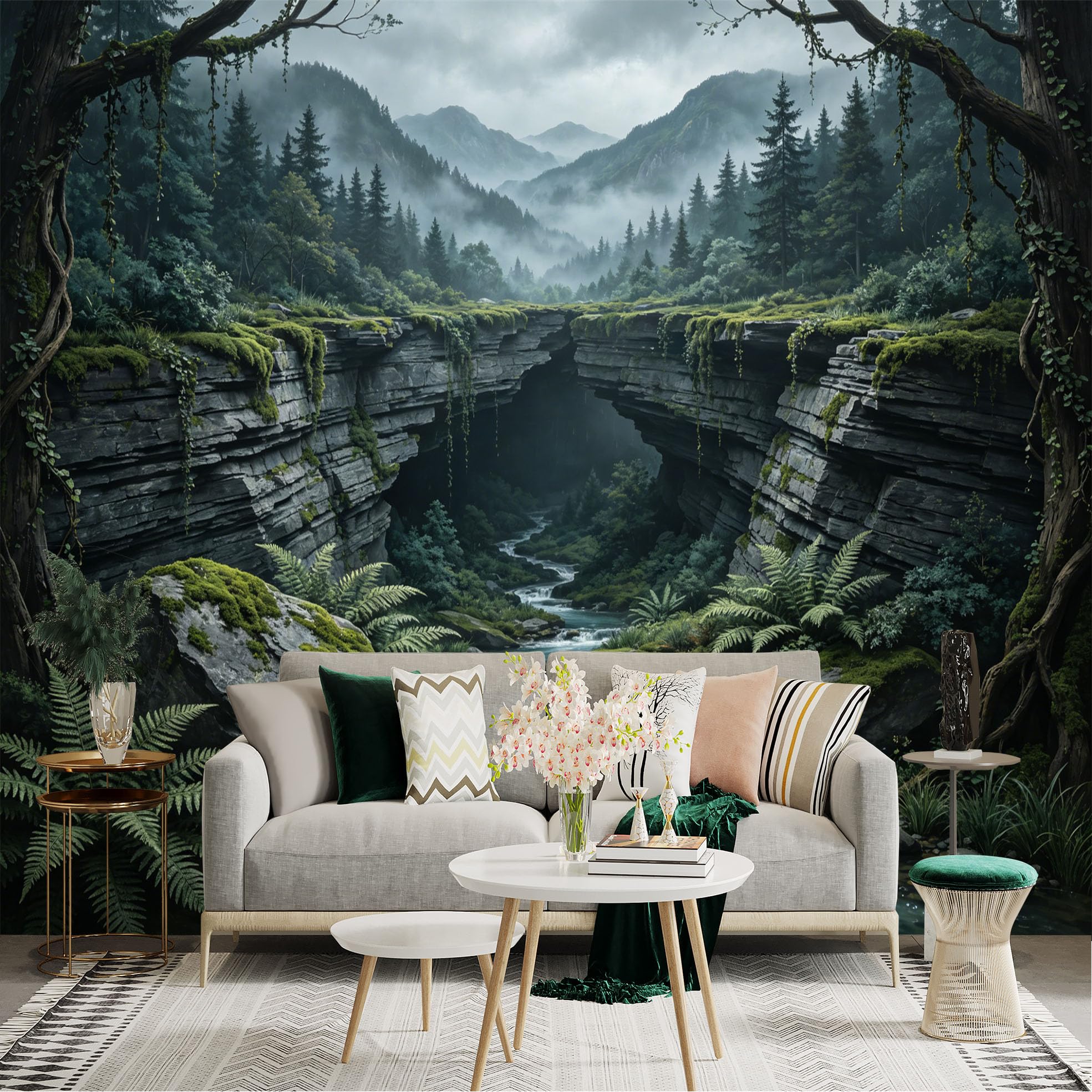 Custom Size Wall Sticker Mural， Misty Forest Canyon with Waterfall， River and Mountain Landscape， for wall Decoration， peelandstick wall Decals.