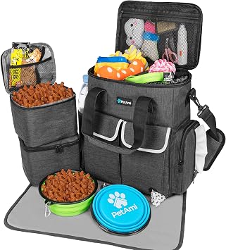 PetAmi Dog Travel Bag Pet Supplies Accessories Organizer for Traveling, Camping, Weekend; Cat Pet Travel Bag Kit Includes 2 Food Storage Containers, 2 Collapsible Bowls, 1 Feeding Mat Dark Gray