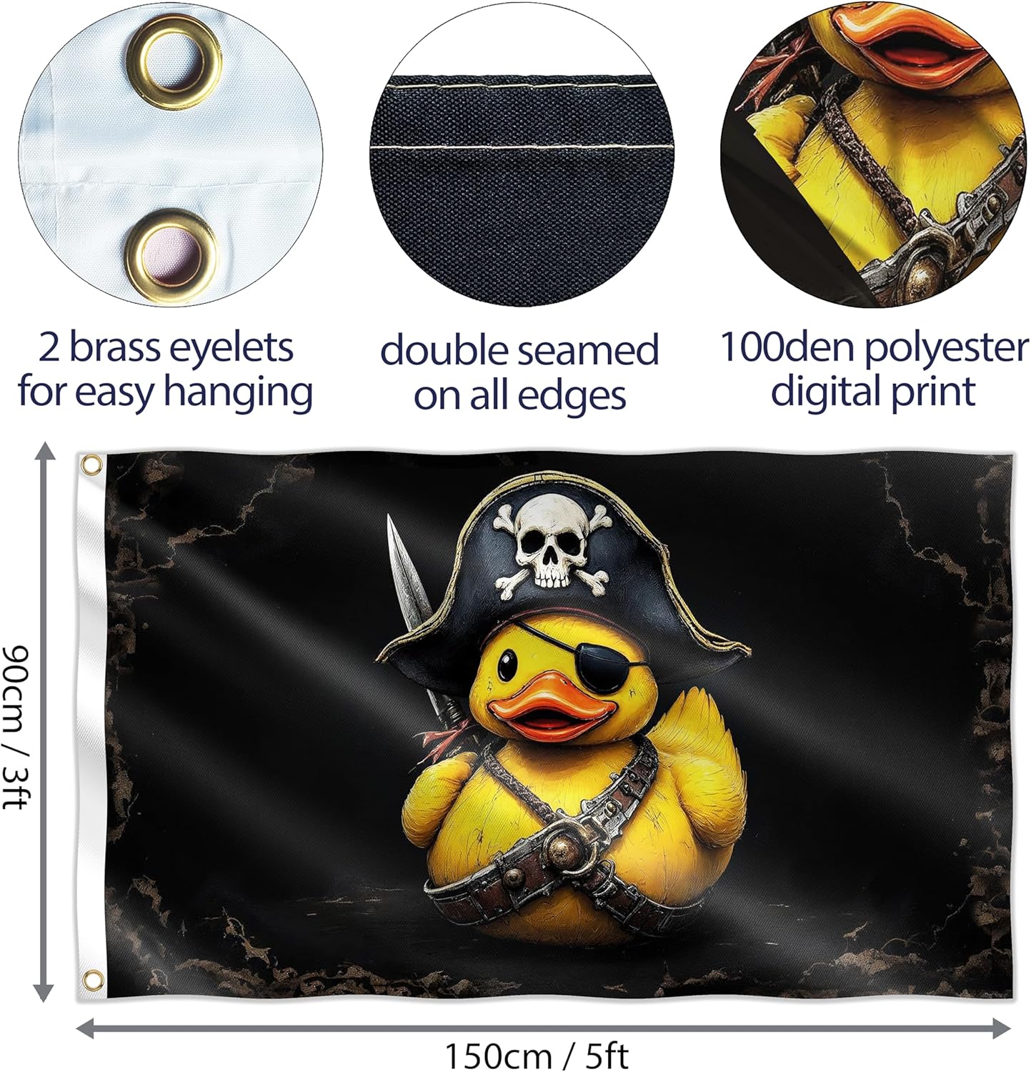 Pirate Rubber Duck Flag – Jolly Roger Flag – Funny Flag – 110Den polyester - Double-side Print - 2 brass eyelets, large 5ft x 3ft - Image 2