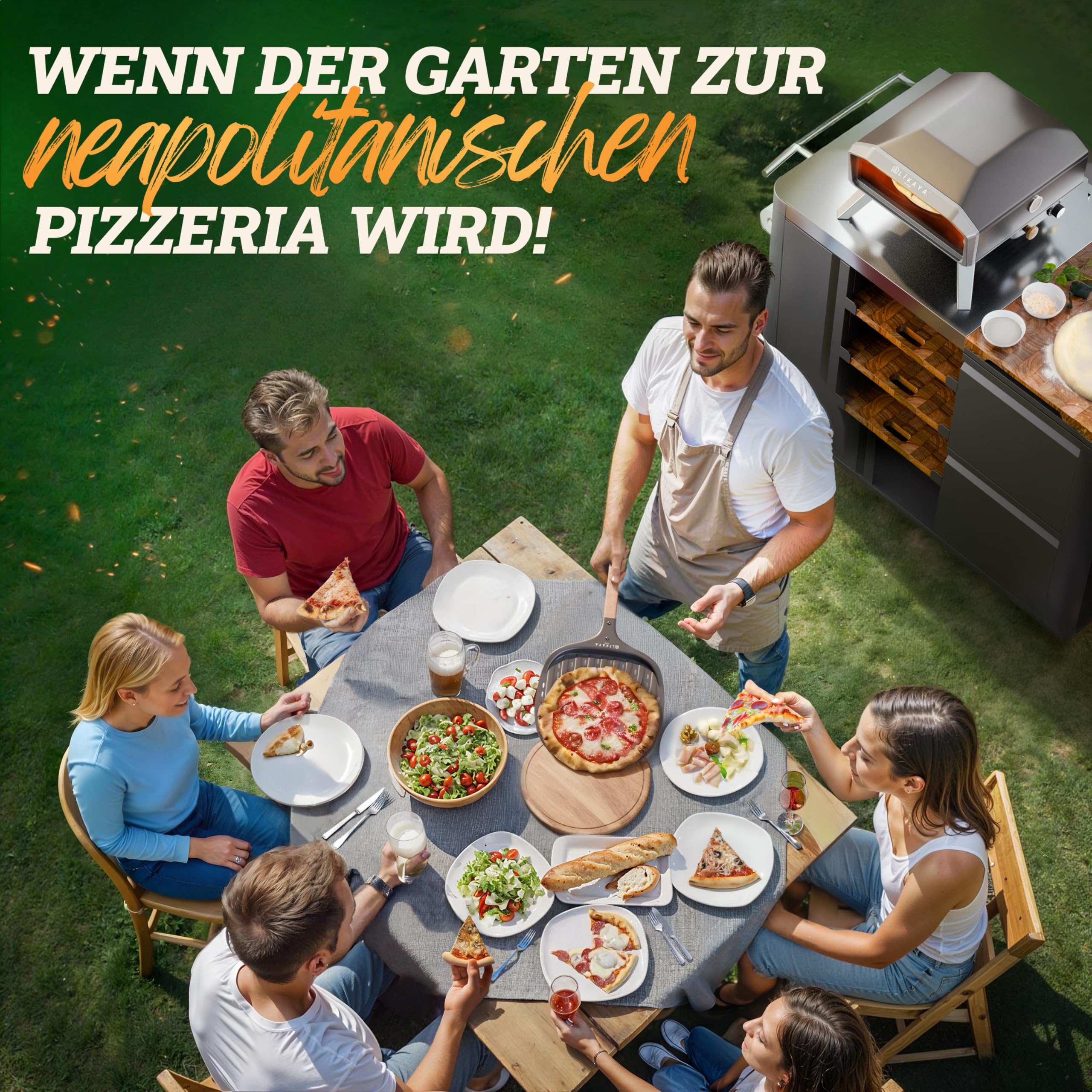 LIKAYA Pizzaschieber [32 x 32 x 62cm] Pizzaschaufel aus schwarzem Aluminium & Griff aus FSC-Akazienholz – Kein Ankleben dank Antihaftbeschichtung – für Pizzaofen & Pizzastein