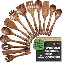 Vista 7 de Cucharas de madera para cocinar, juego de utensilios de cocina de madera, 6 piezas de madera de teca, utensilios de cocina de madera antiadherentes