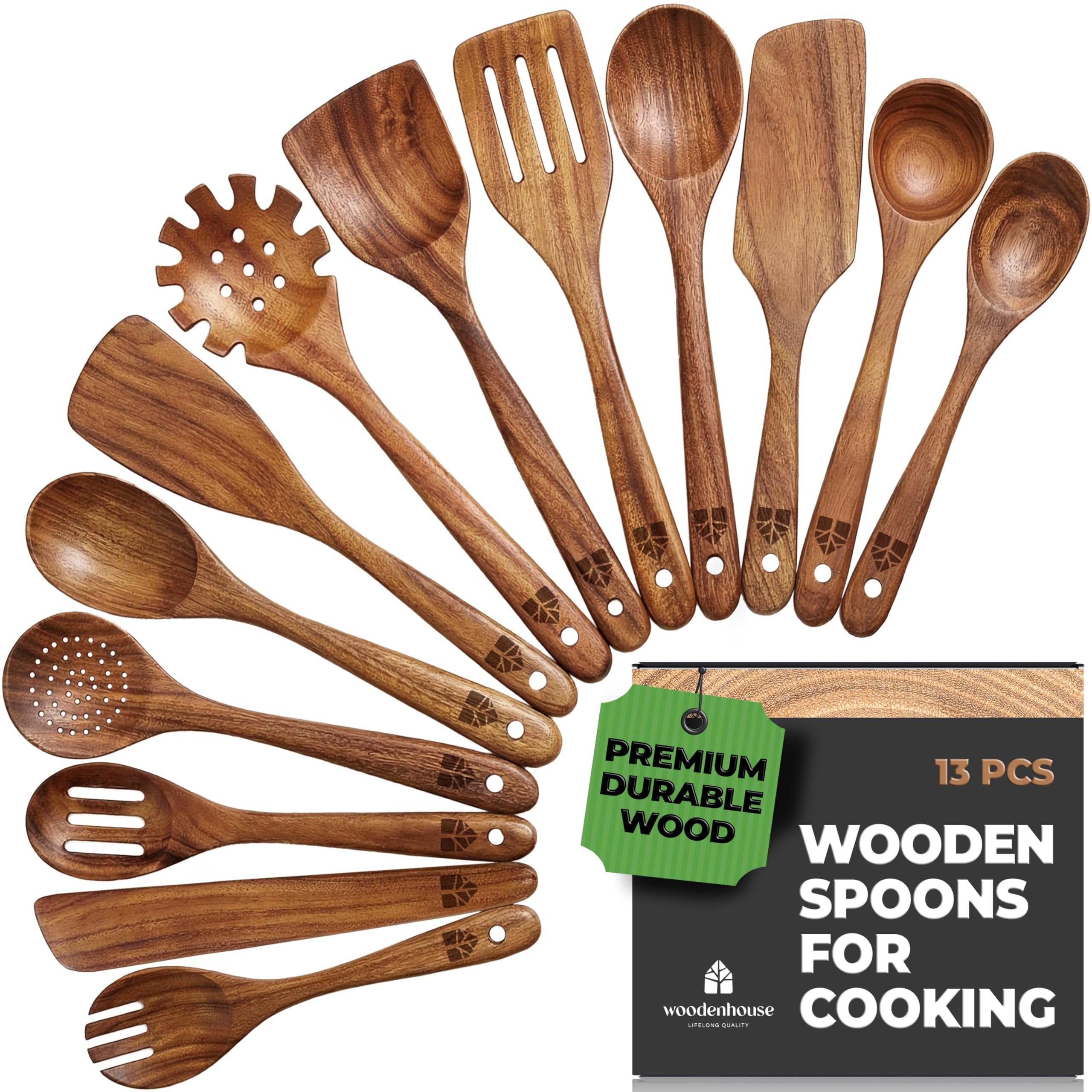 Wooden Spoons for Cooking 13 Pcs, Teak Wooden Utensil Set for Nonstick Pans