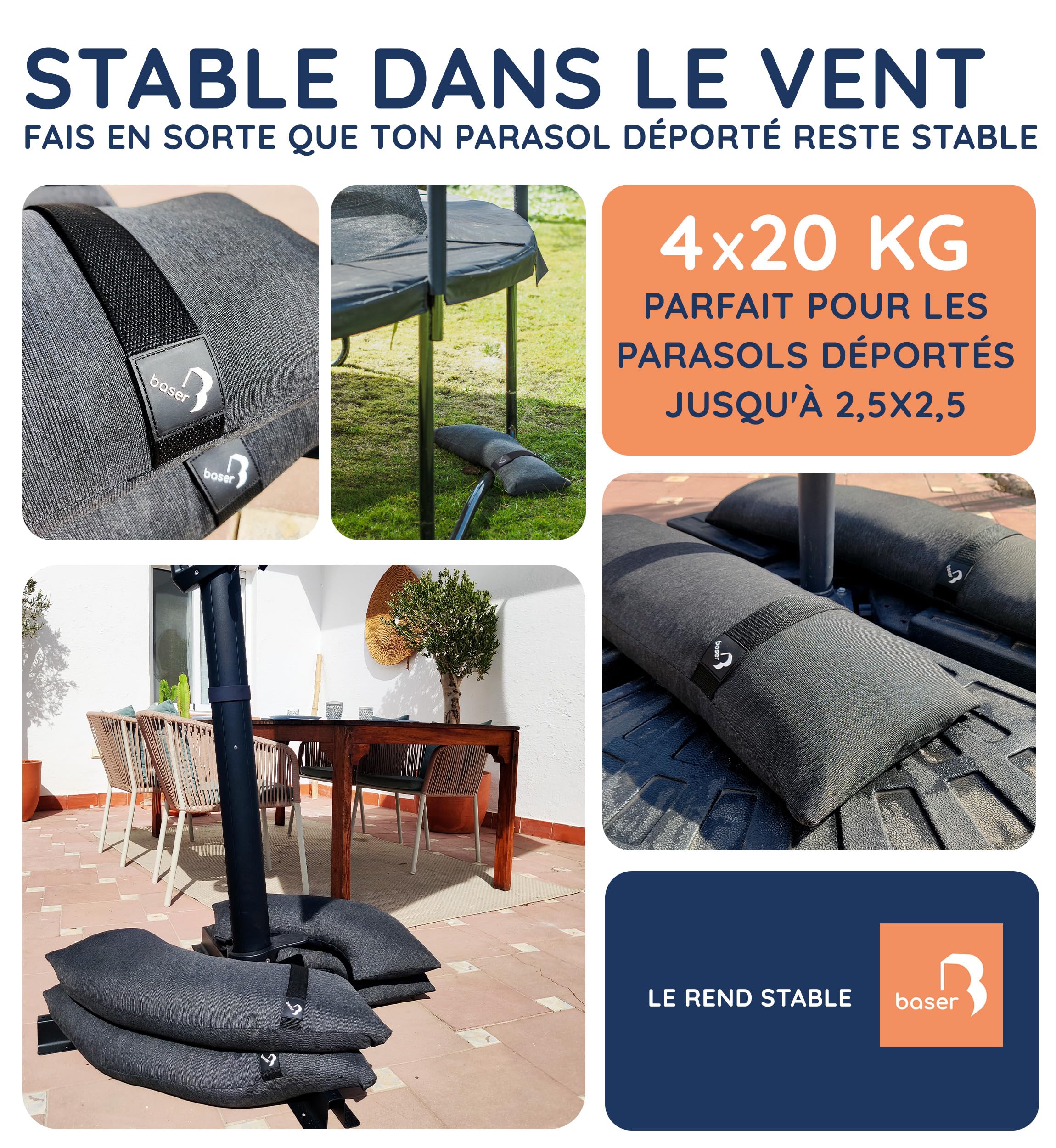 Baser Sacs de Lestage Ronds, 4 x 20kg Poids pour Tonnelle & Parasol de Jardin Exterieur, Base à Sable pour Tonnelle Pliante, Barnum Pliant & Store Banne, Gris