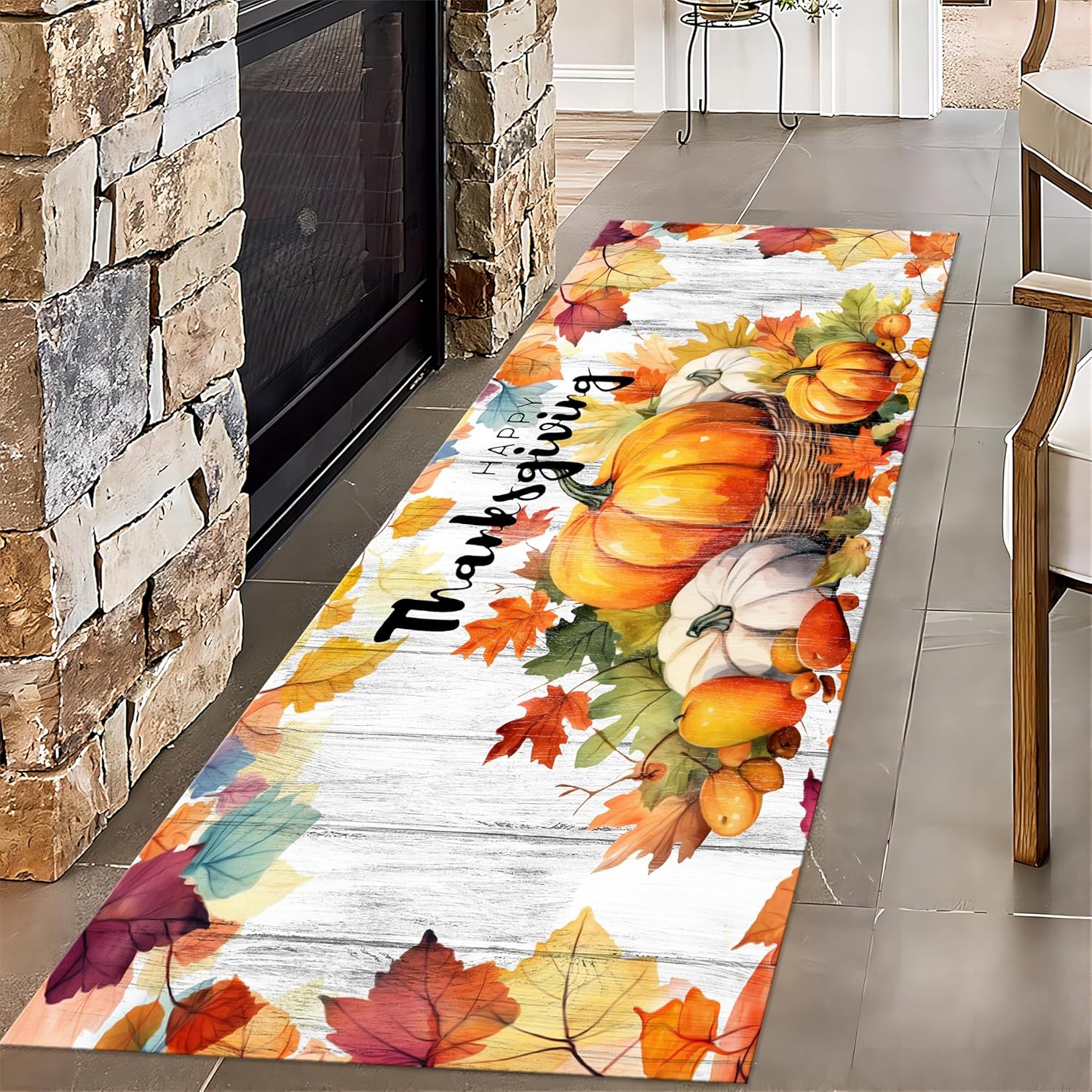 Happy Thanksgiving Indoor Carpet, 4x12ft, Fall Farm Pumpkin