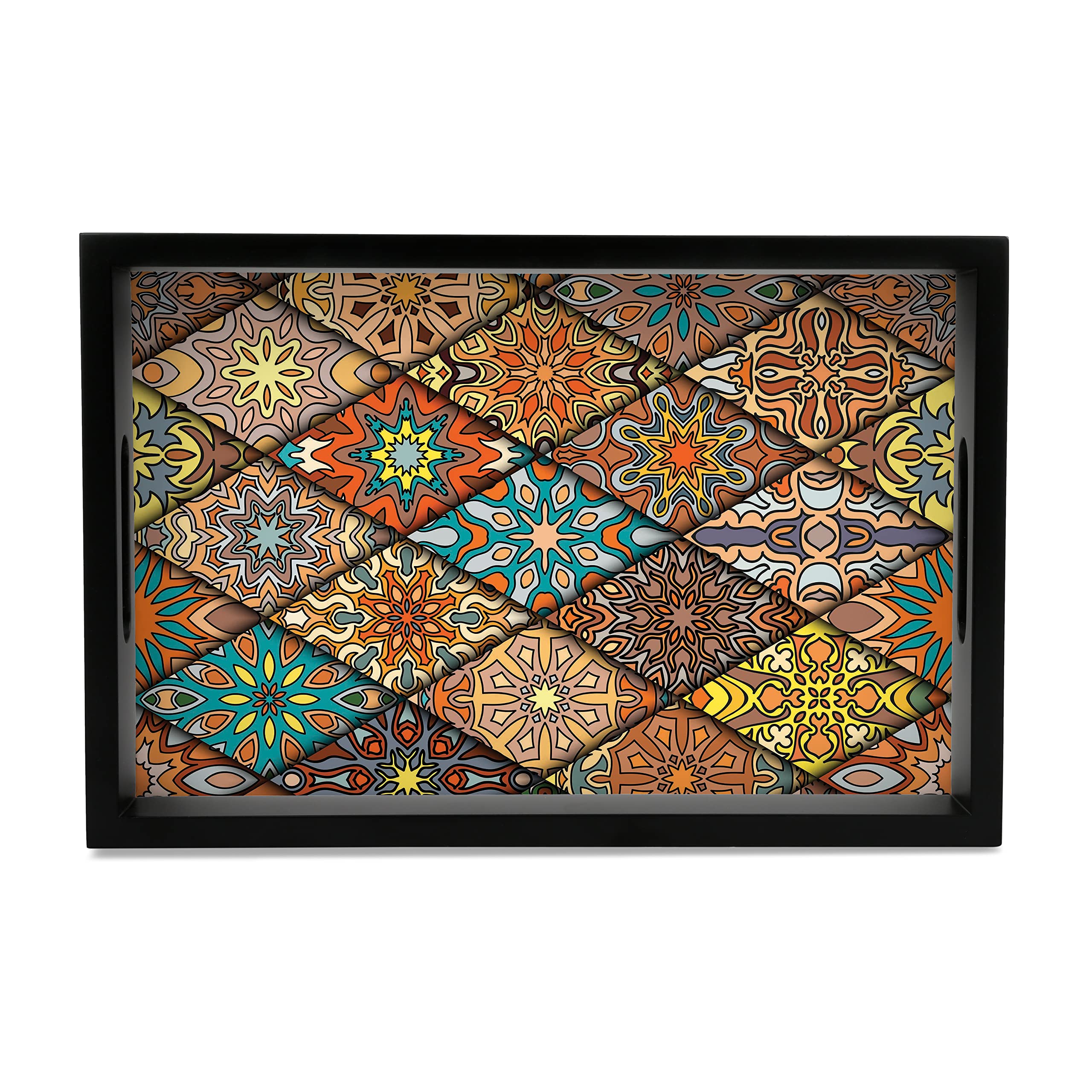 Serving Tray | Diamond Design with Black Border | Rectangular 8" x 12" Wooden Tray for Serving | Tray for Decoration with Cut-Out Handles