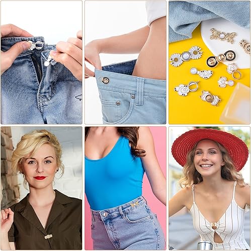 Miniatura 6 de OIIKI Tensor de botones de jeans ajustable, 7 piezas, botones de mezclilla, alfileres de vestir, hebillas de ajuste de cintura, botones de