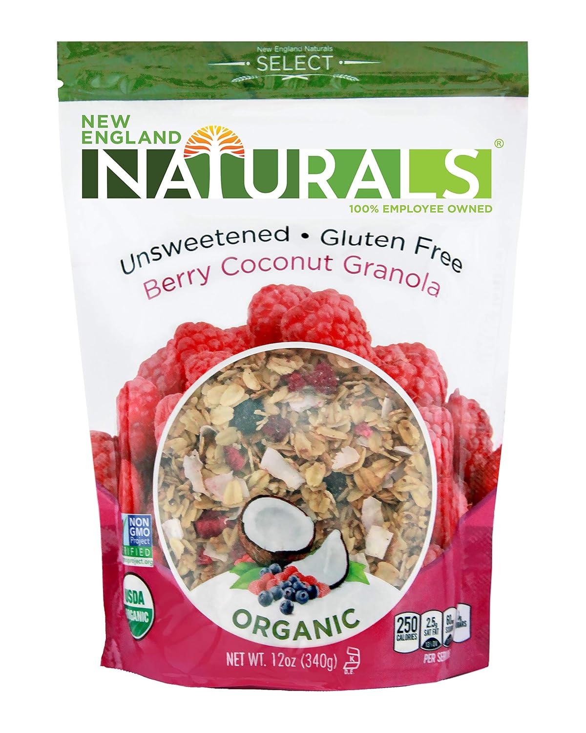 New England Naturals Organic Unsweetened GlutenFree Berry Coconut Granola, 12 Ounce
