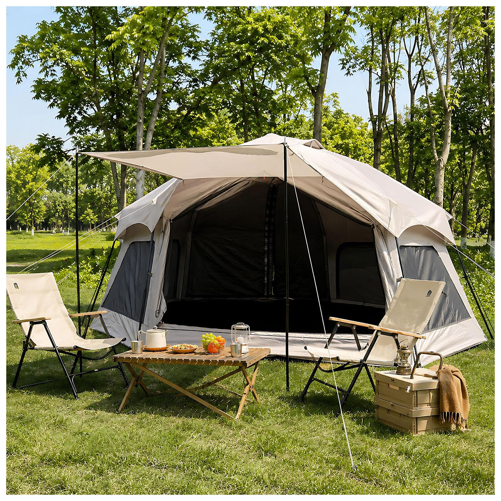 Namiot glamping pop-up dla 14 – wys. 175 cm | Duże siatkowe okna dla panoramicznego widoku i braku komarów.