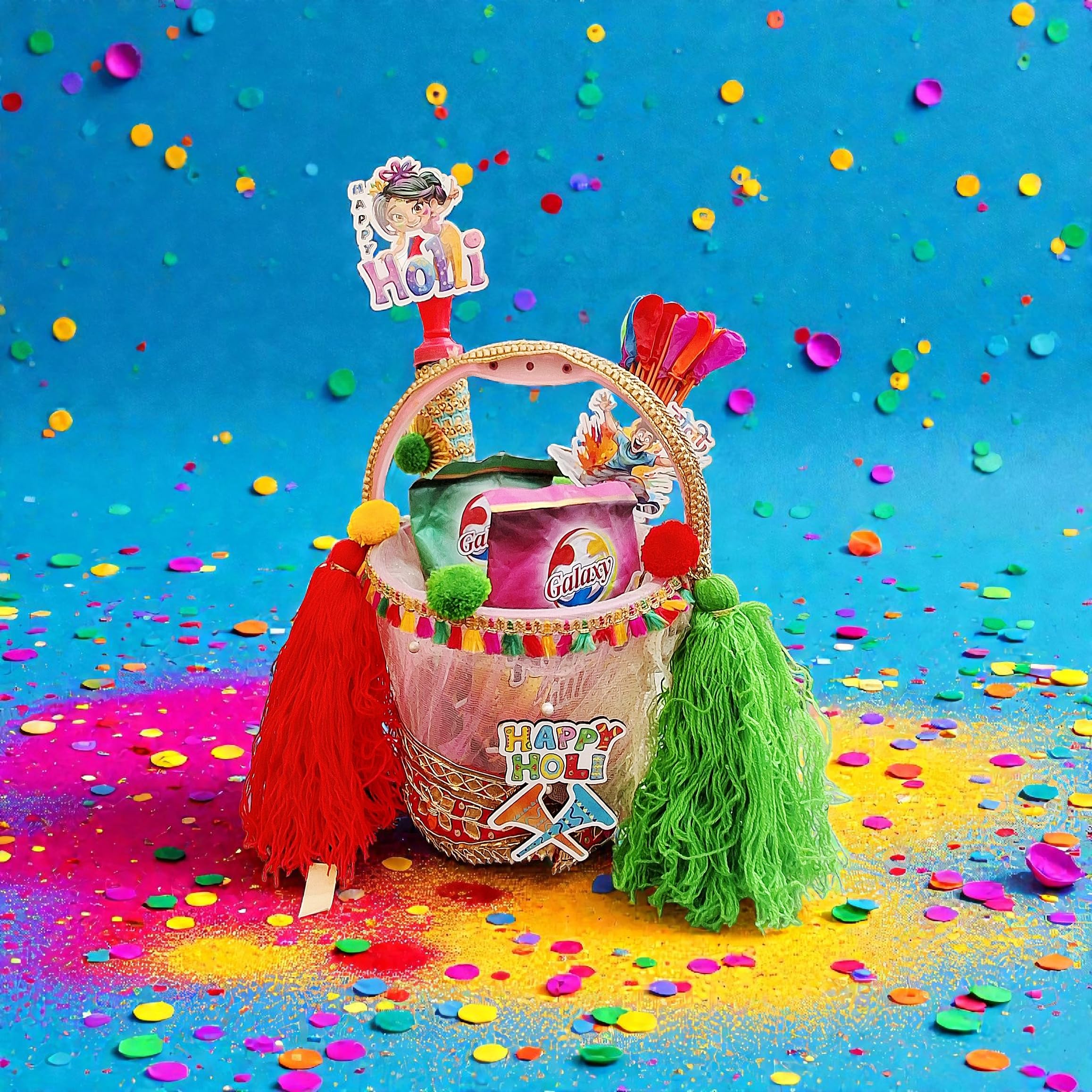Traditional Holi Colour Bucket for Holi Decoration, Handmade Holi Gift Hamper, Holi Colours Plate with Puppets Inluded | Platter Pack of 1 (2 Colours pichkari and Ballons Stick Included)-image-14