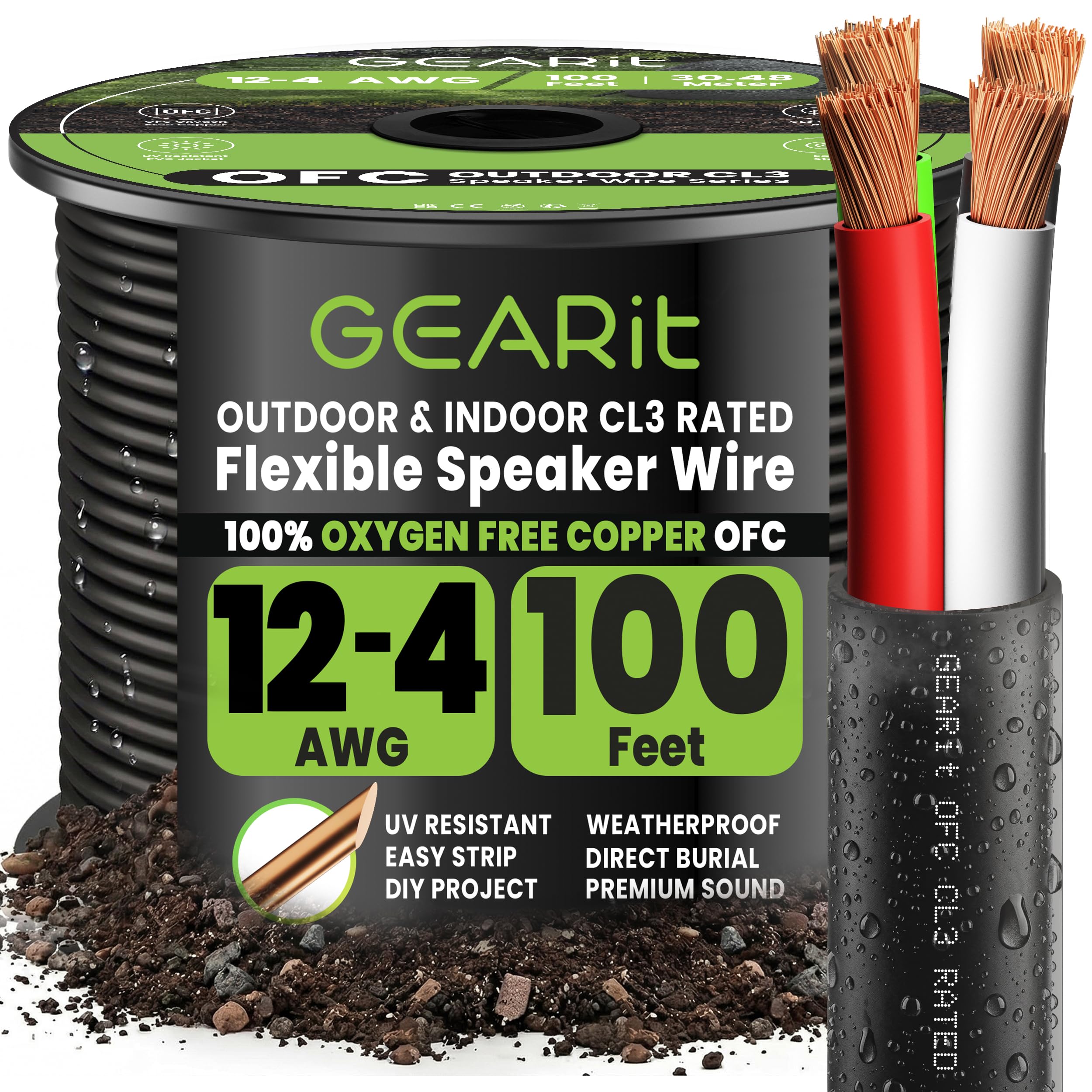 GearIT Pro Series - Cable de altavoz de calibre 12 de 4 conductores (30 metros), 12 AWG OFC (99.9% cobre libre de oxígeno) cable de altavoz CL3 clasificado para uso en entierros directos al aire